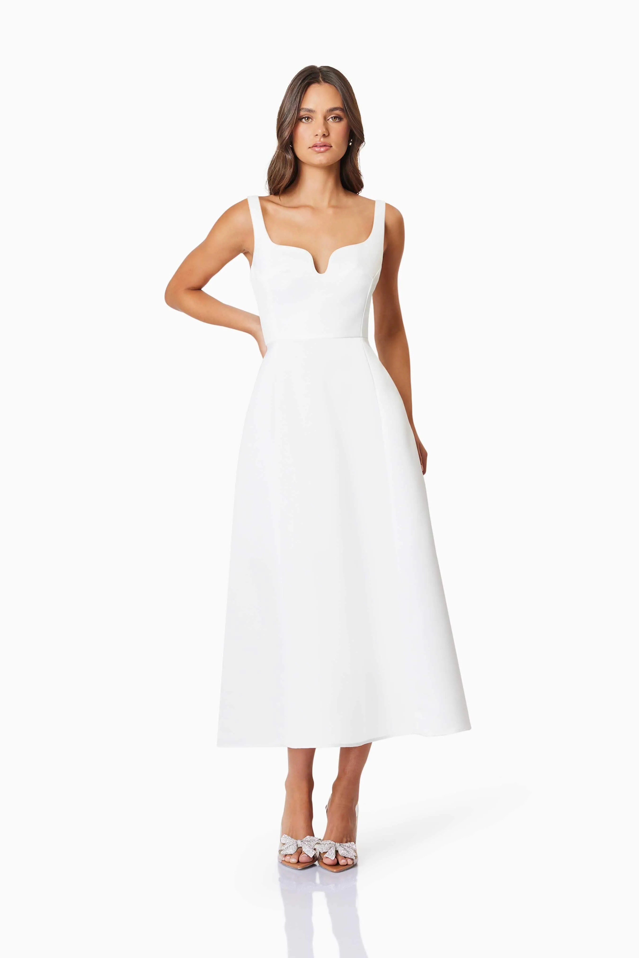 Alice Duchess Satin Midi Dress In White