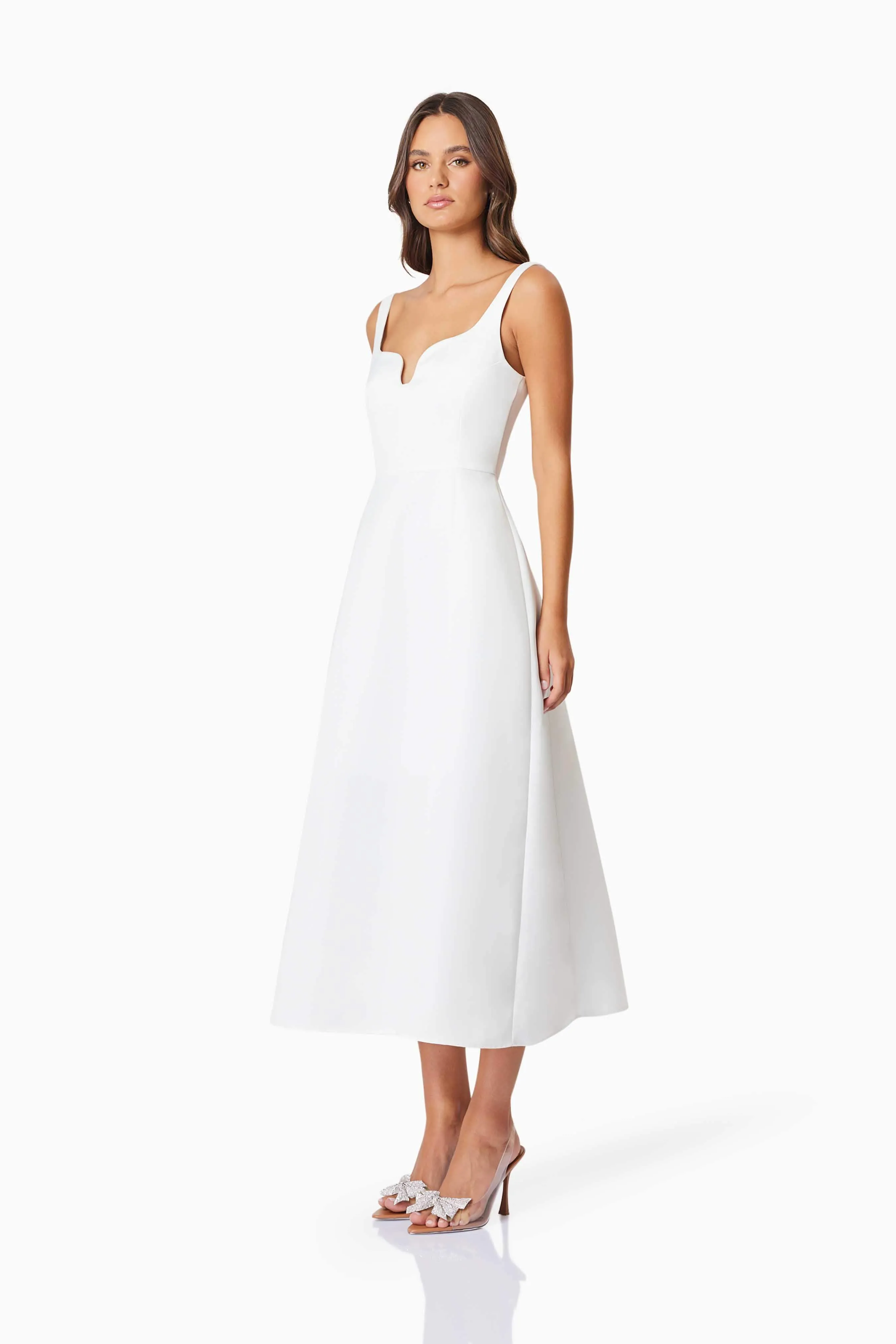 Alice Duchess Satin Midi Dress In White