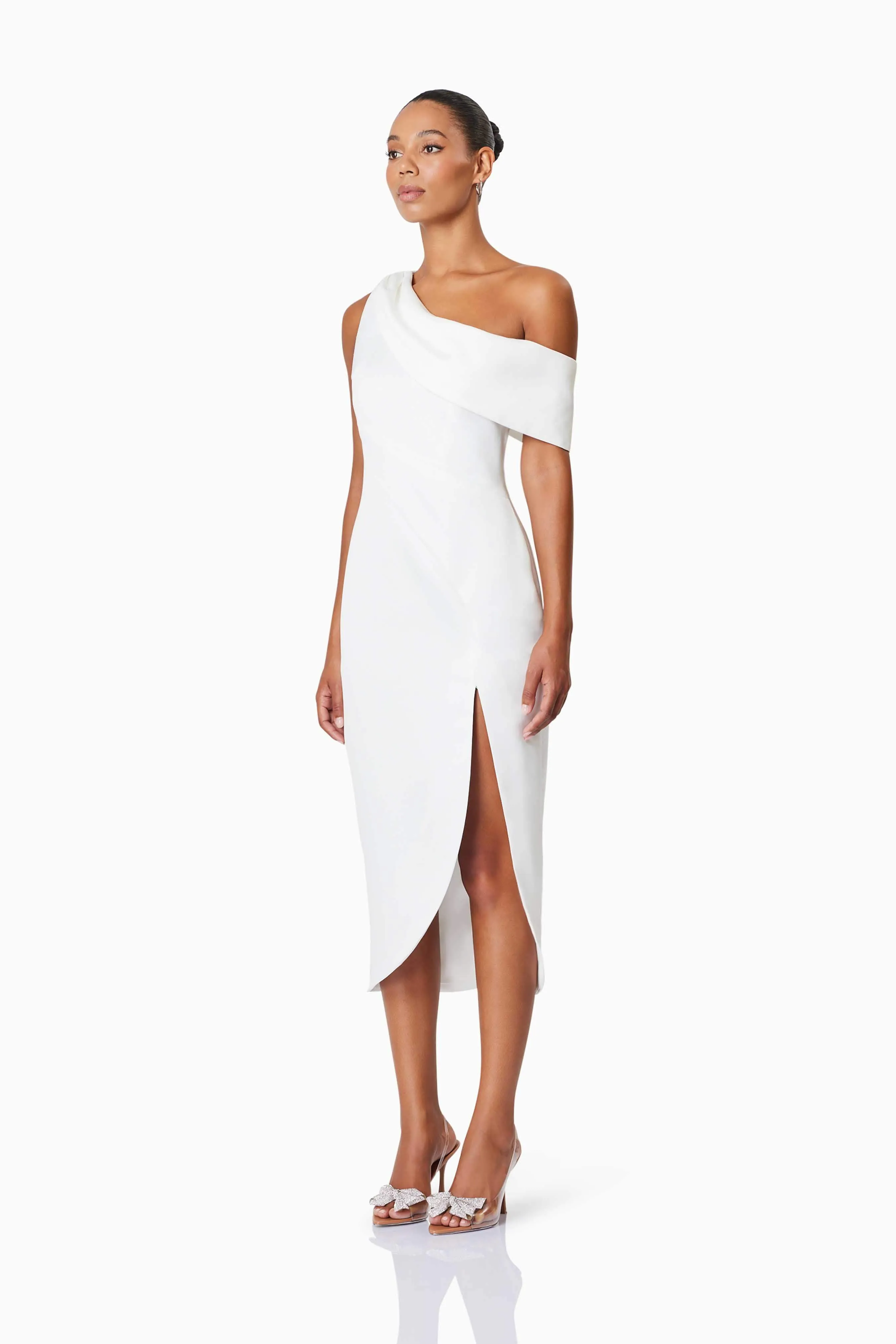 Alice One Shoulder Cocktail Midi Dress In White