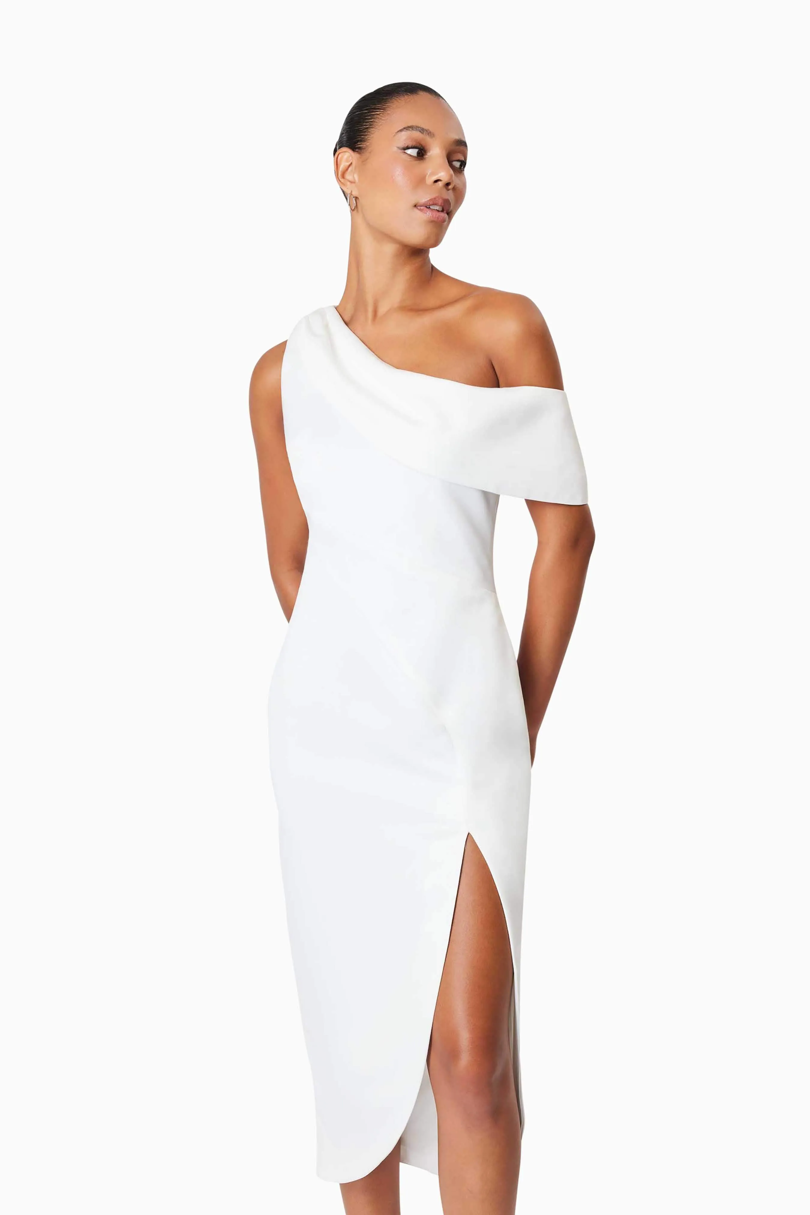 Alice One Shoulder Cocktail Midi Dress In White