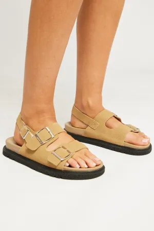 Beige Double Buckle Suede Sandals