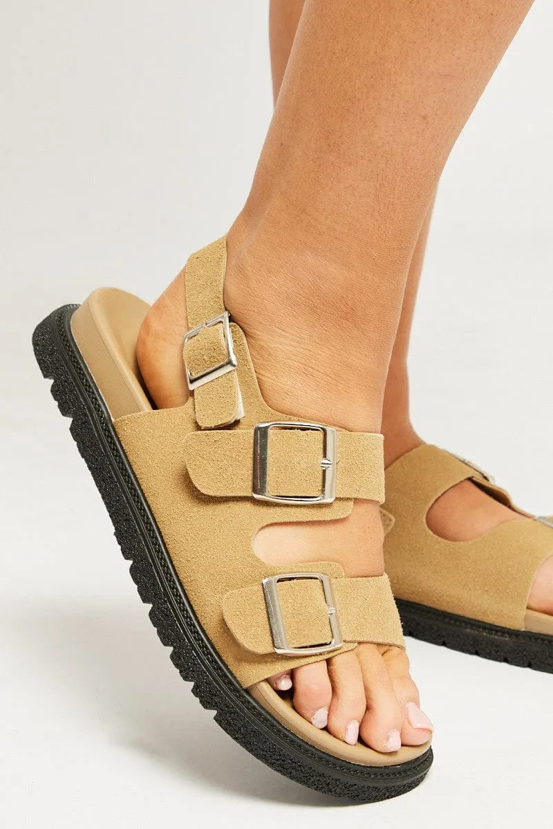Beige Double Buckle Suede Sandals