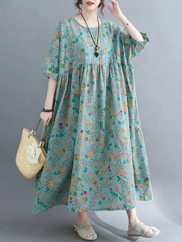 Casual Floral Printed Loose Fit O-neck Women Maxi Dress