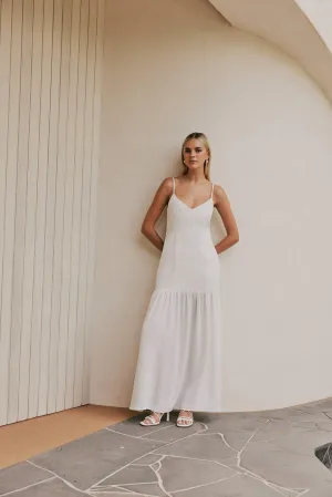 CURAAE Palm Drop Waist Frill Summer Maxi Dress In White