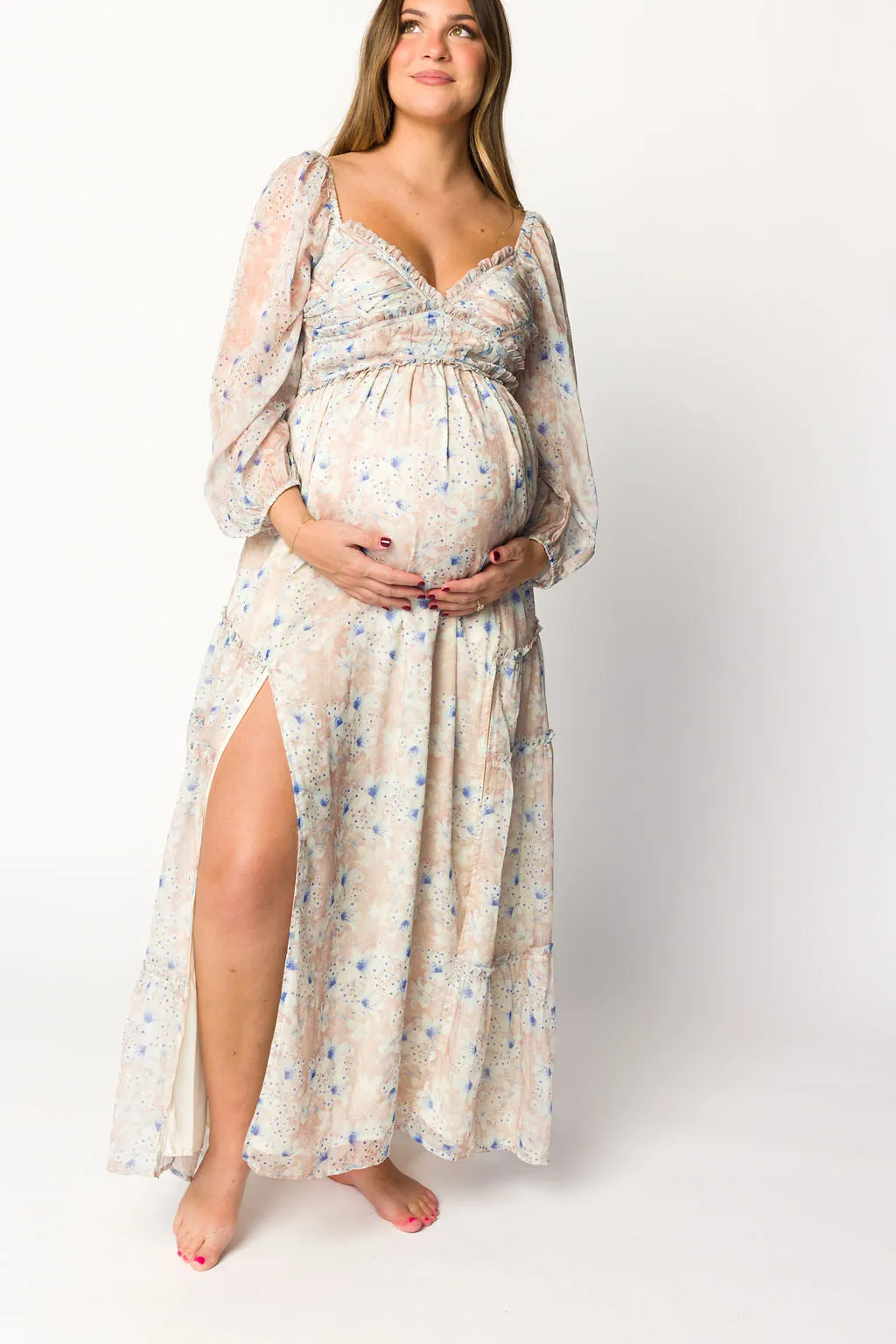 Daphne Long Sleeve Maxi Dress in Beige/Blue Floral - Bump Friendly & Inclusive Sizing (XS-3XL)