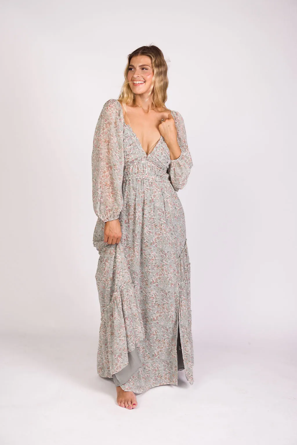 Daphne Long Sleeve Maxi Dress in Sage/Pink/Ivory Floral - Bump Friendly & Inclusive Sizing (XS-3XL)