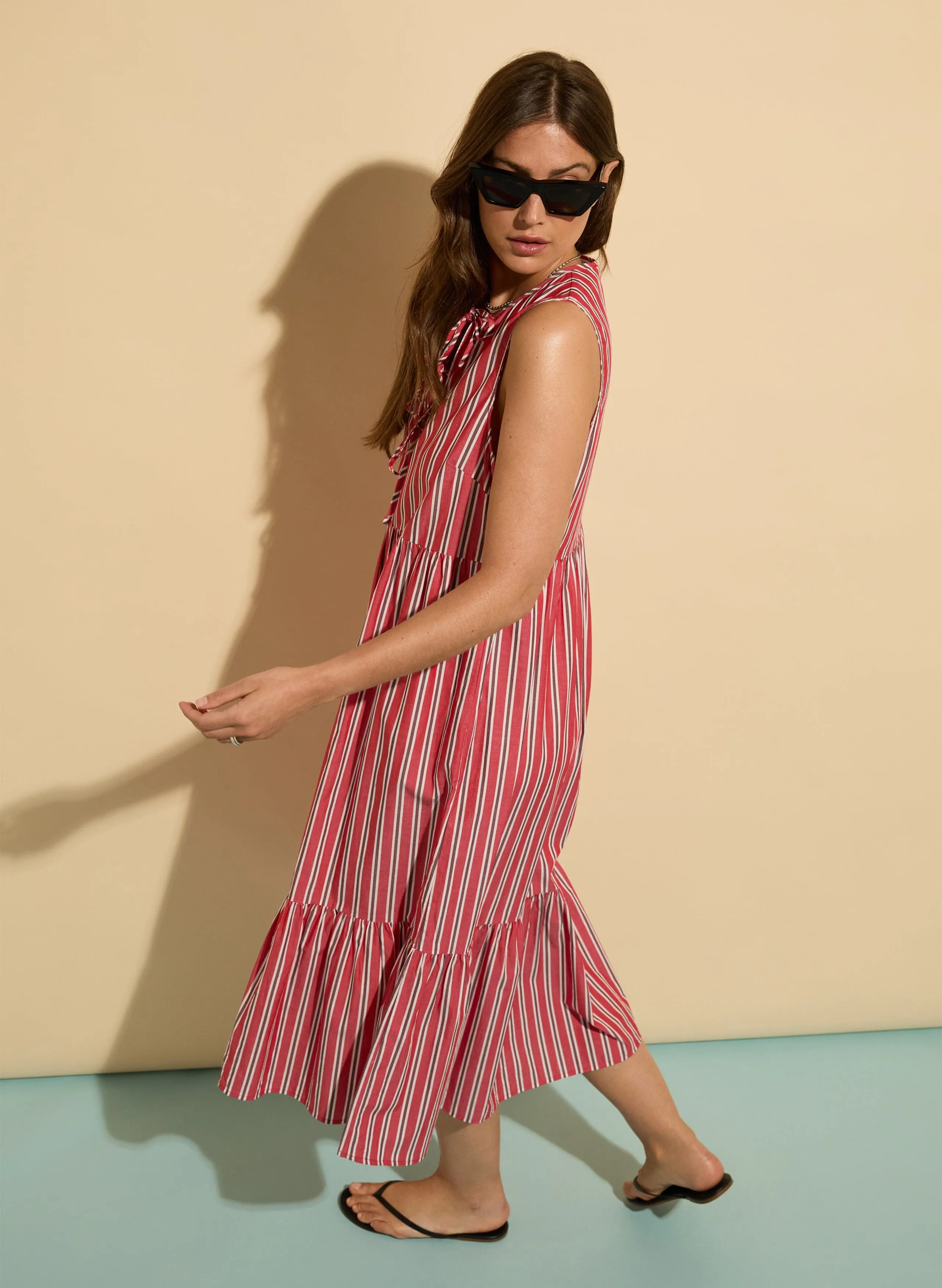 Devi Organic Cotton Tie Midi Dress | Crimson & White Stripe