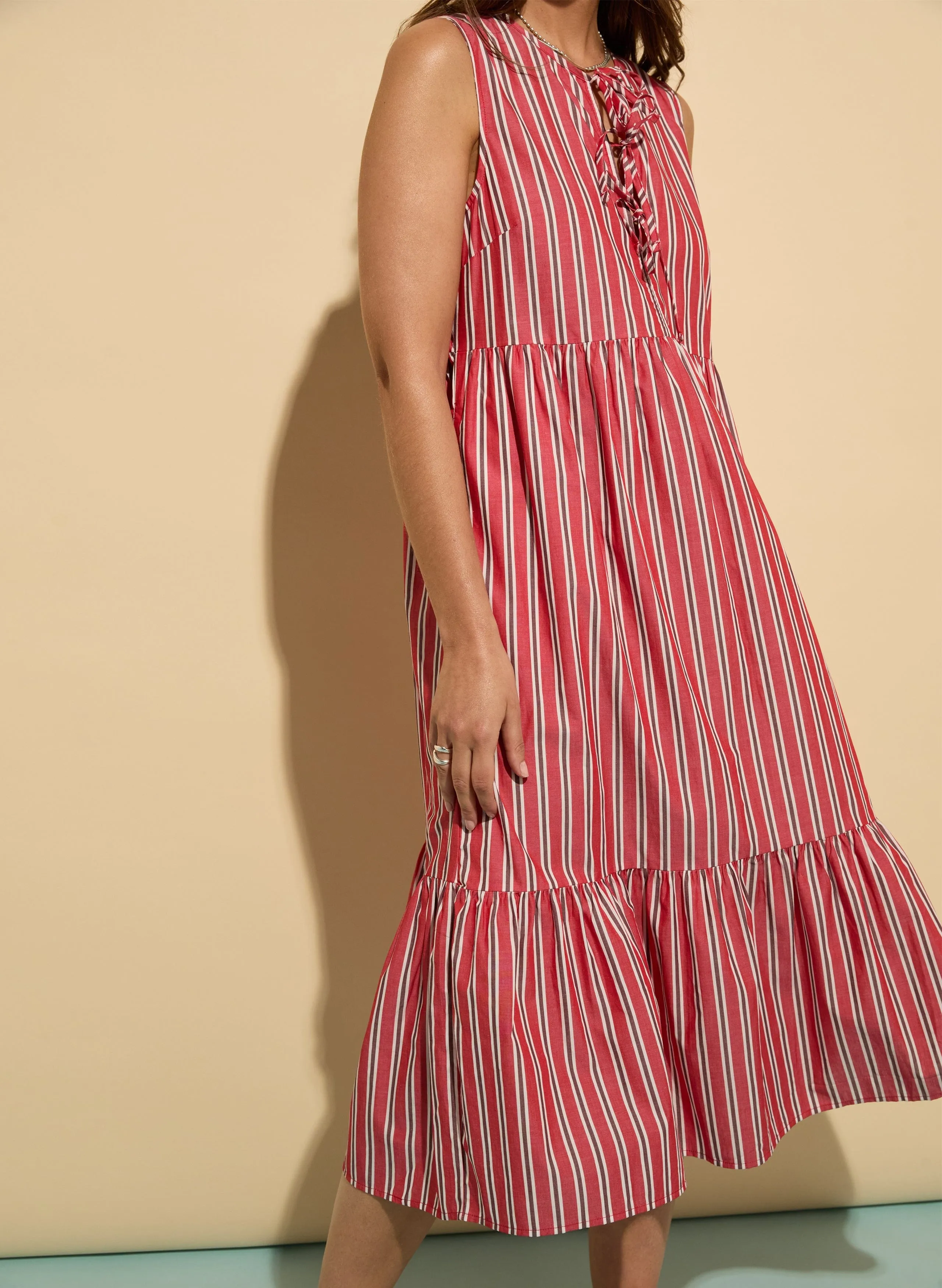 Devi Organic Cotton Tie Midi Dress | Crimson & White Stripe