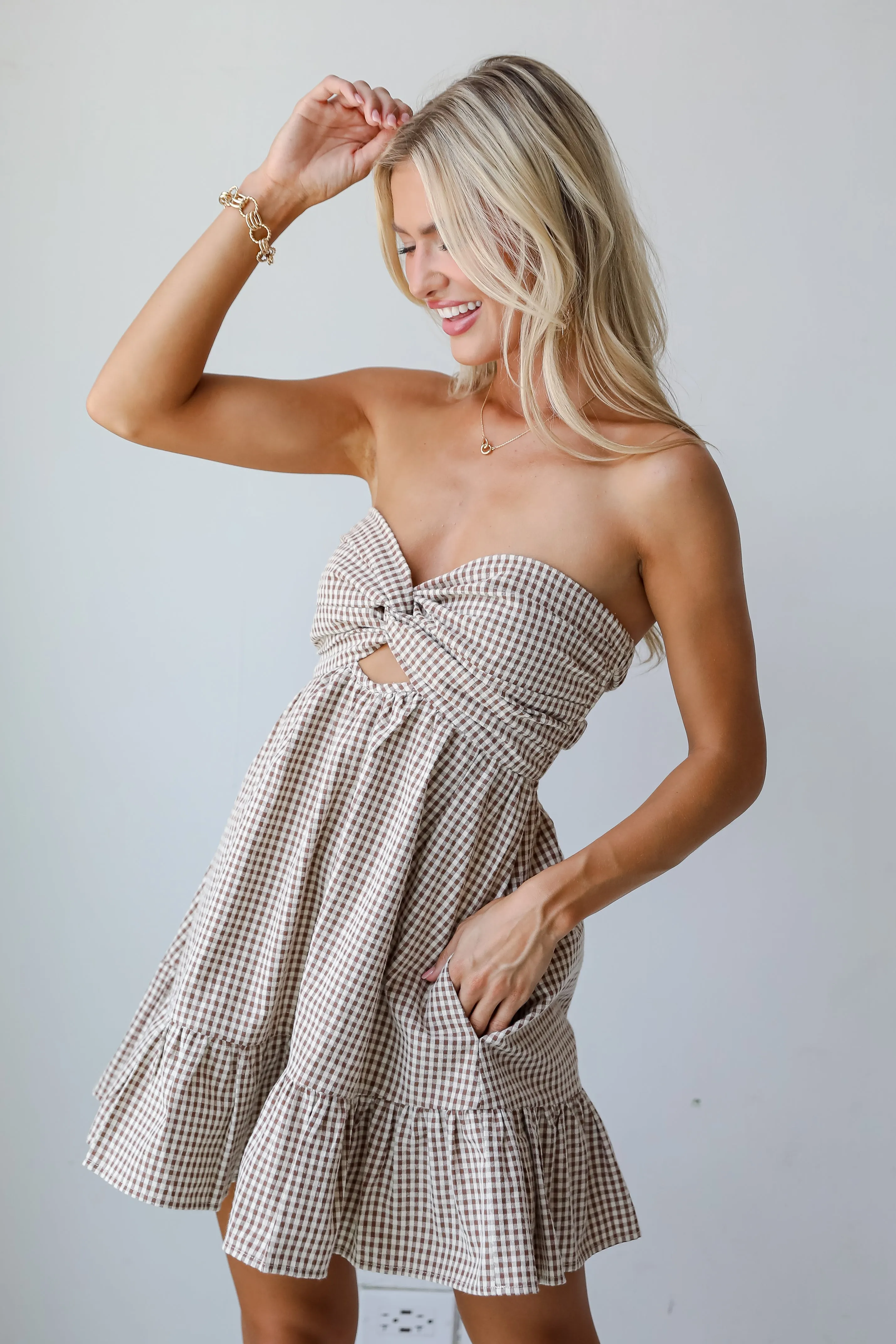 FINAL SALE - Cutely Defined Brown Gingham Strapless Romper Dress
