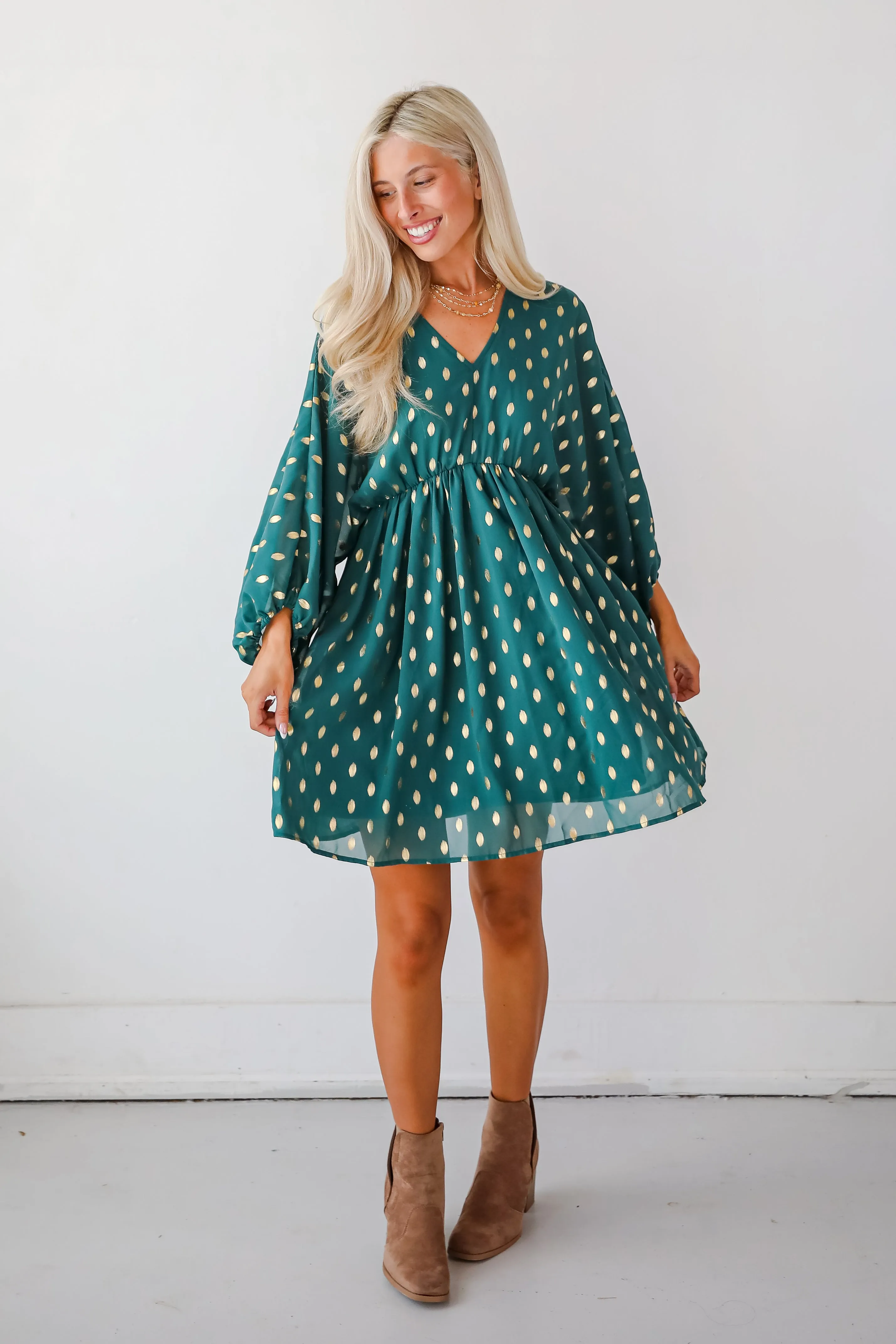FINAL SALE - Gorgeous Favorite Hunter Green Dotted Babydoll Mini Dress