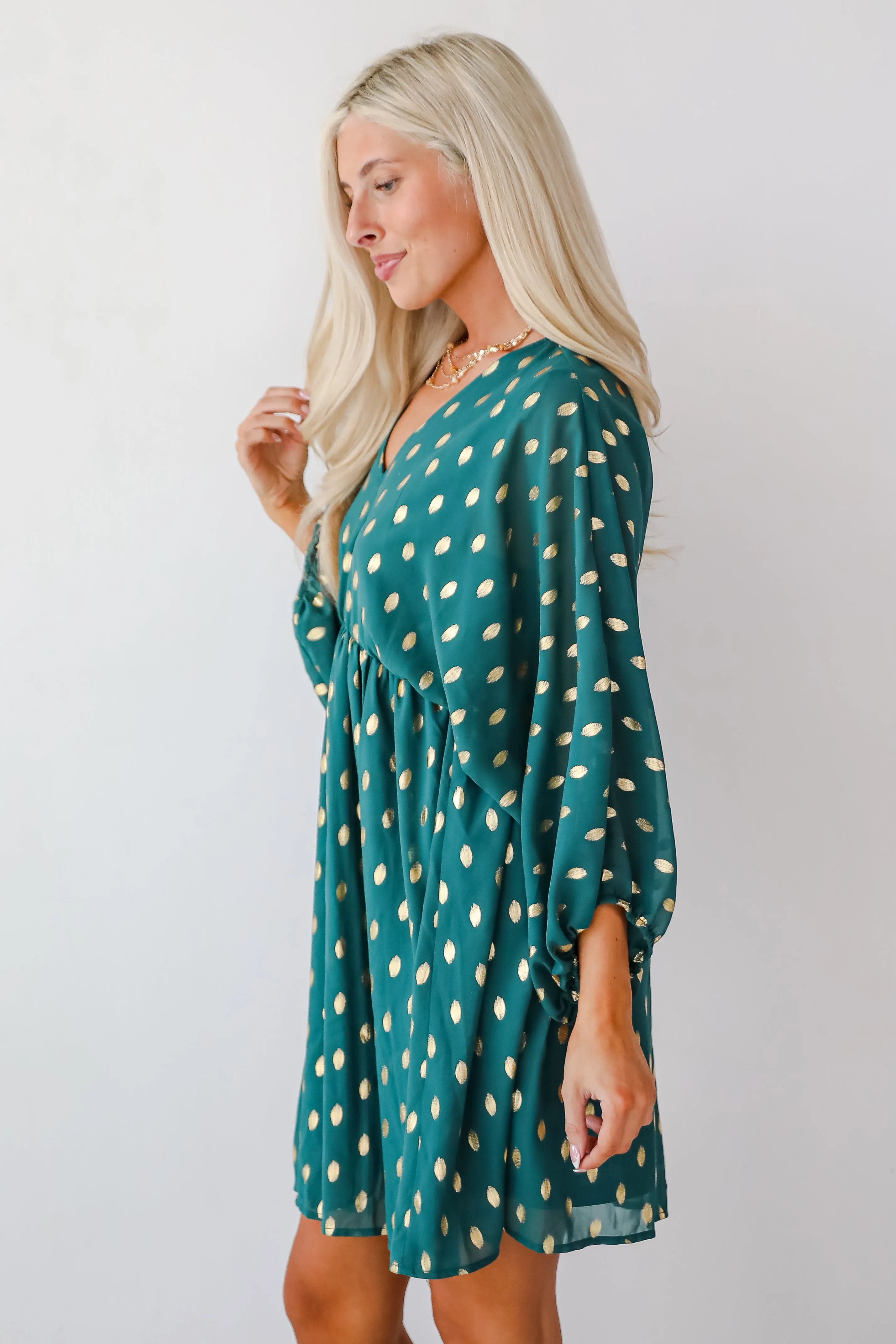 FINAL SALE - Gorgeous Favorite Hunter Green Dotted Babydoll Mini Dress