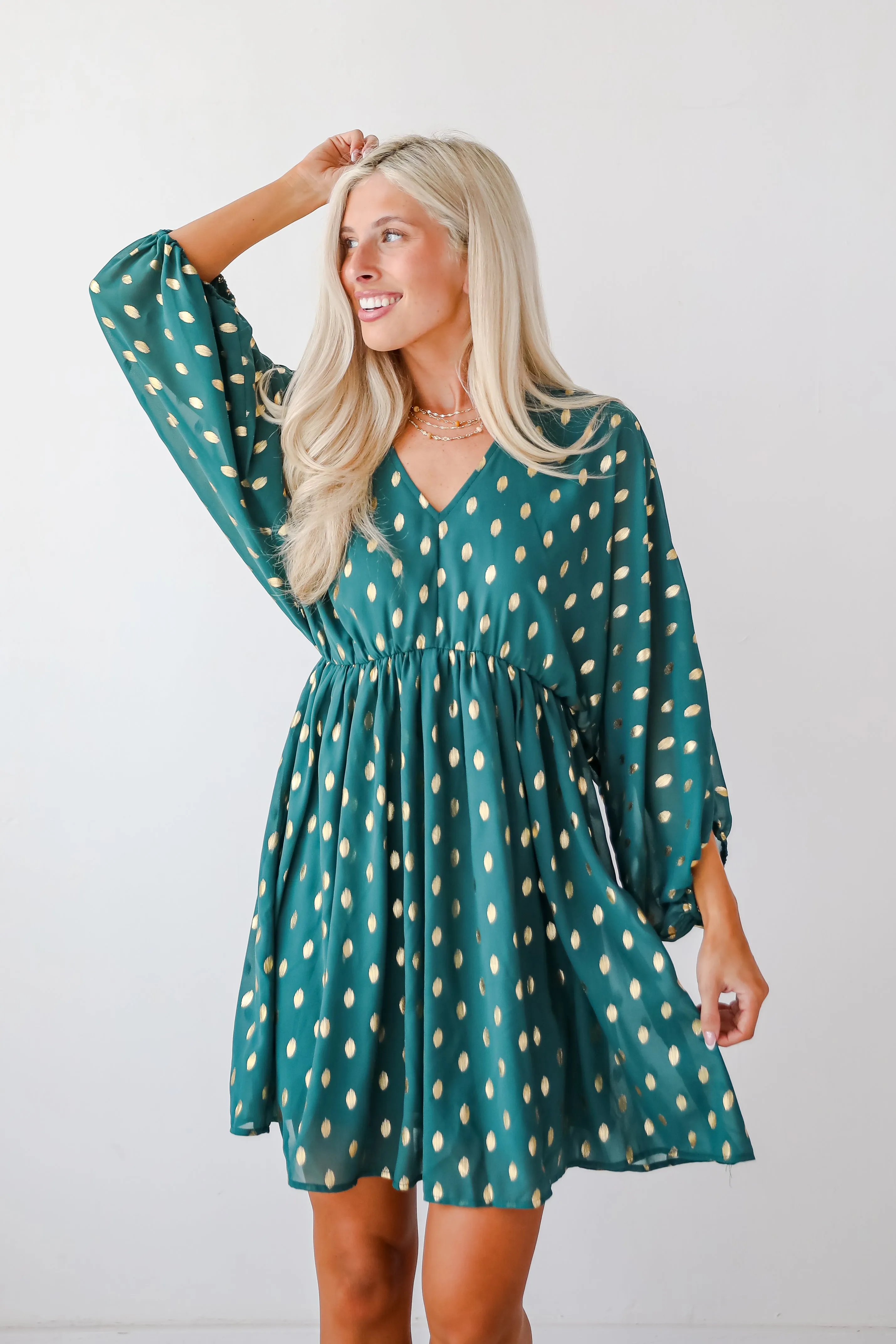 FINAL SALE - Gorgeous Favorite Hunter Green Dotted Babydoll Mini Dress