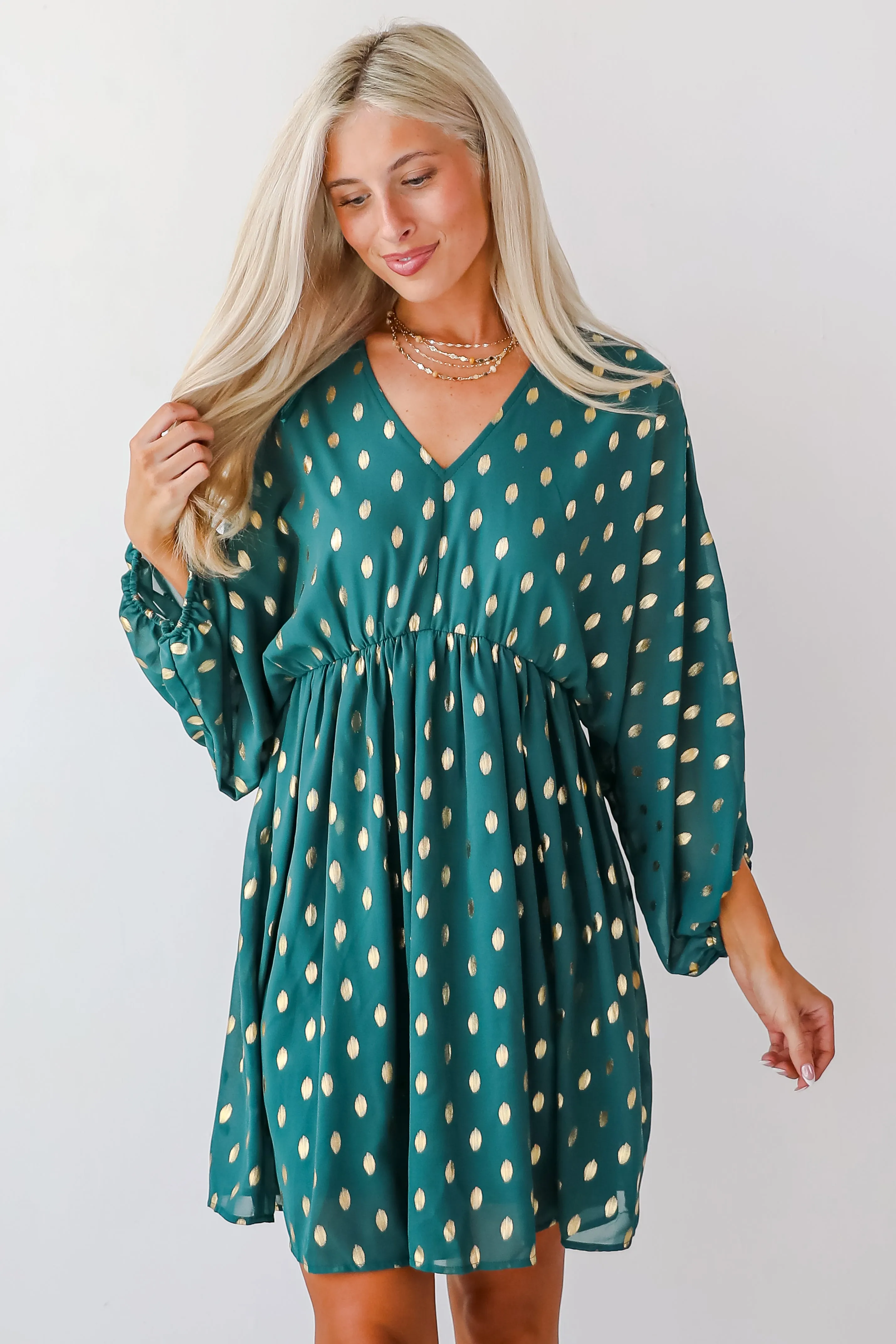 FINAL SALE - Gorgeous Favorite Hunter Green Dotted Babydoll Mini Dress