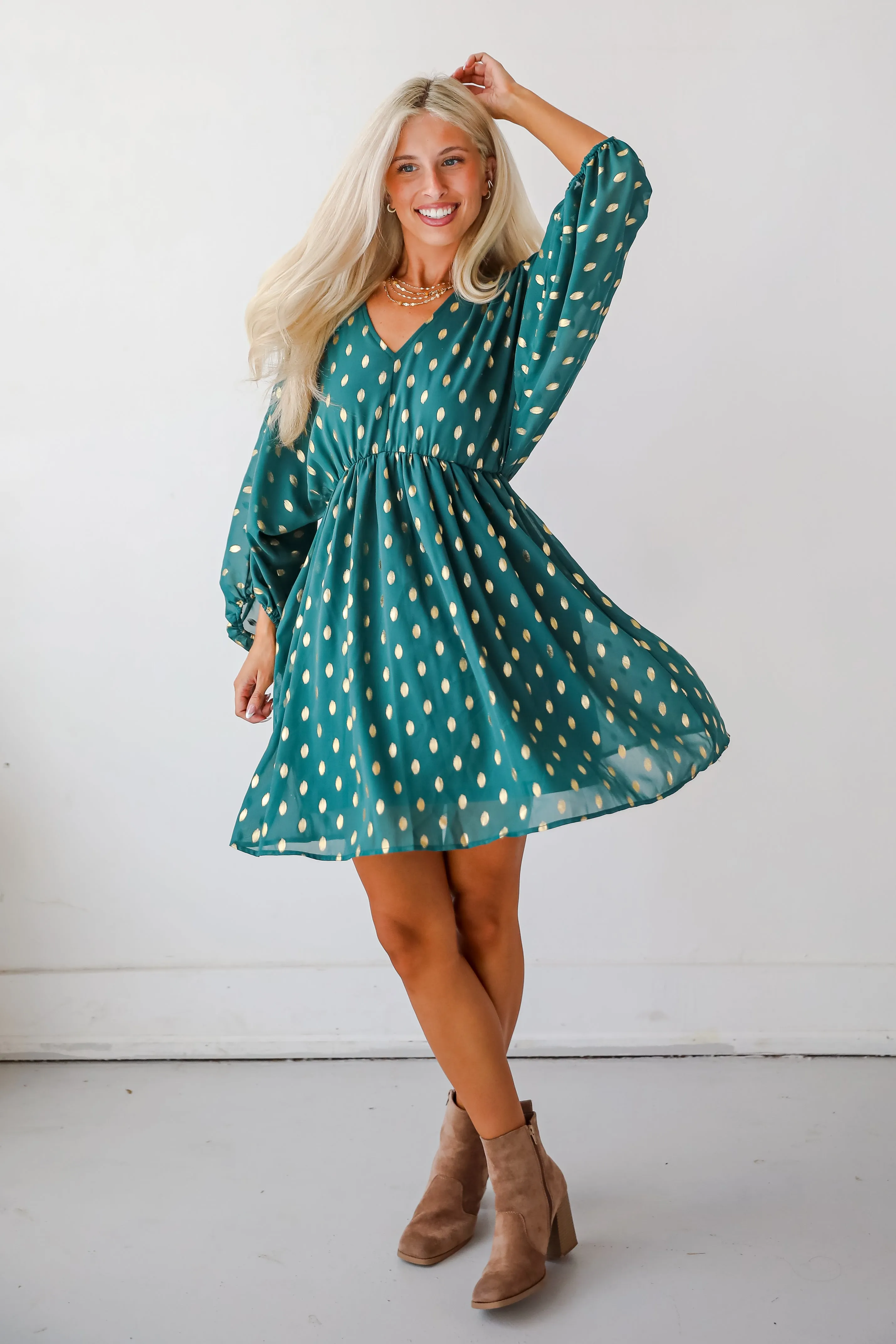 FINAL SALE - Gorgeous Favorite Hunter Green Dotted Babydoll Mini Dress