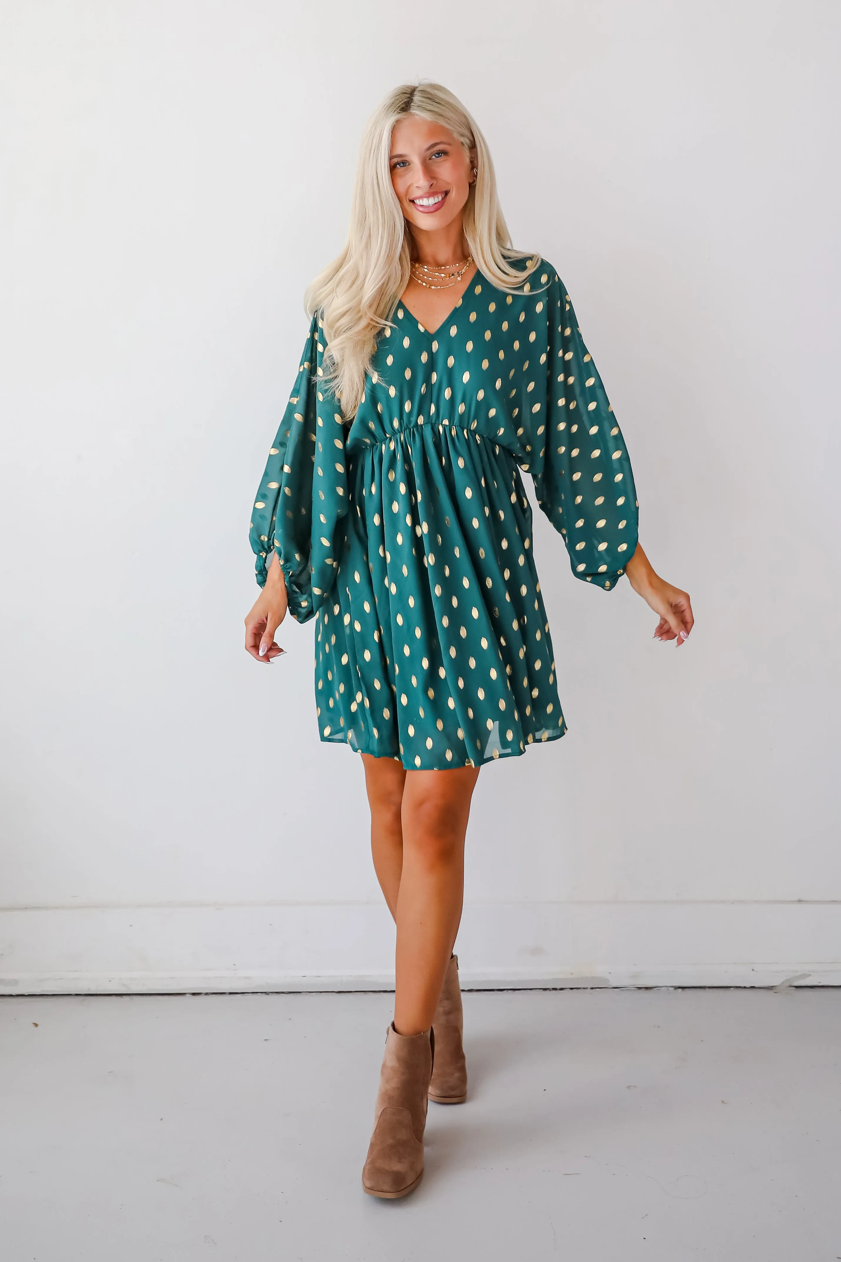 FINAL SALE - Gorgeous Favorite Hunter Green Dotted Babydoll Mini Dress