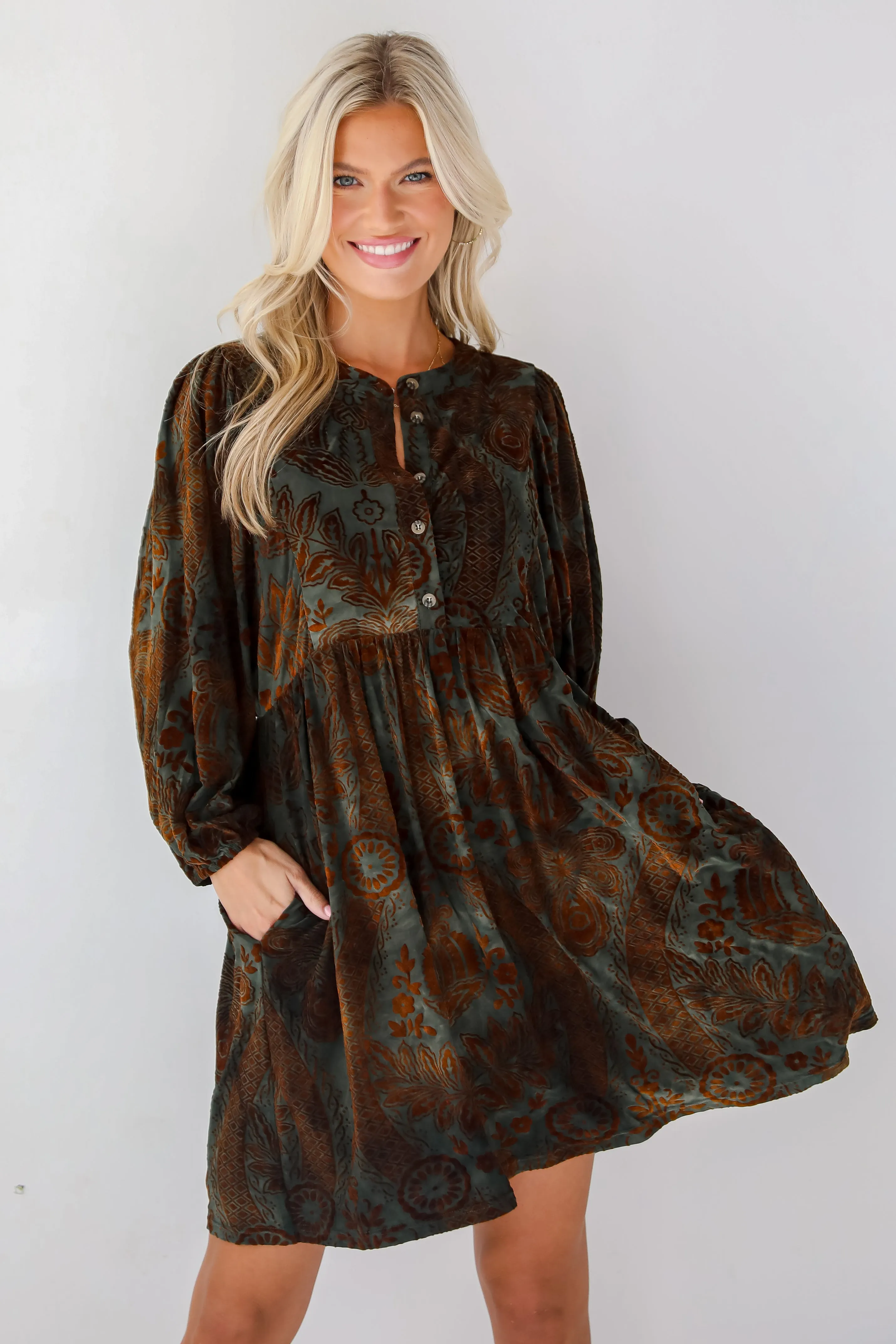 FINAL SALE - Gorgeous Whimsy Dark Green Velvet Floral Mini Dress