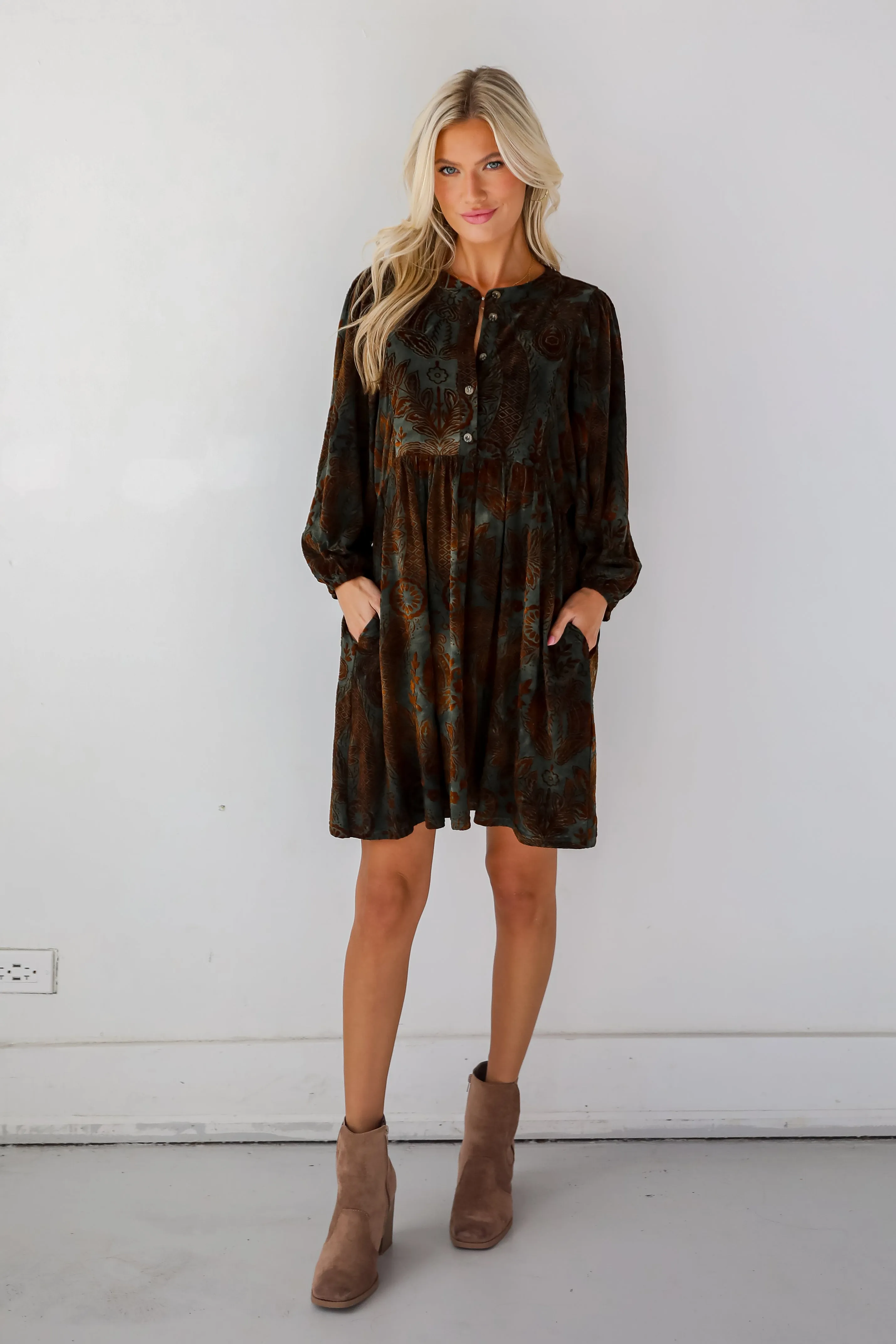 FINAL SALE - Gorgeous Whimsy Dark Green Velvet Floral Mini Dress