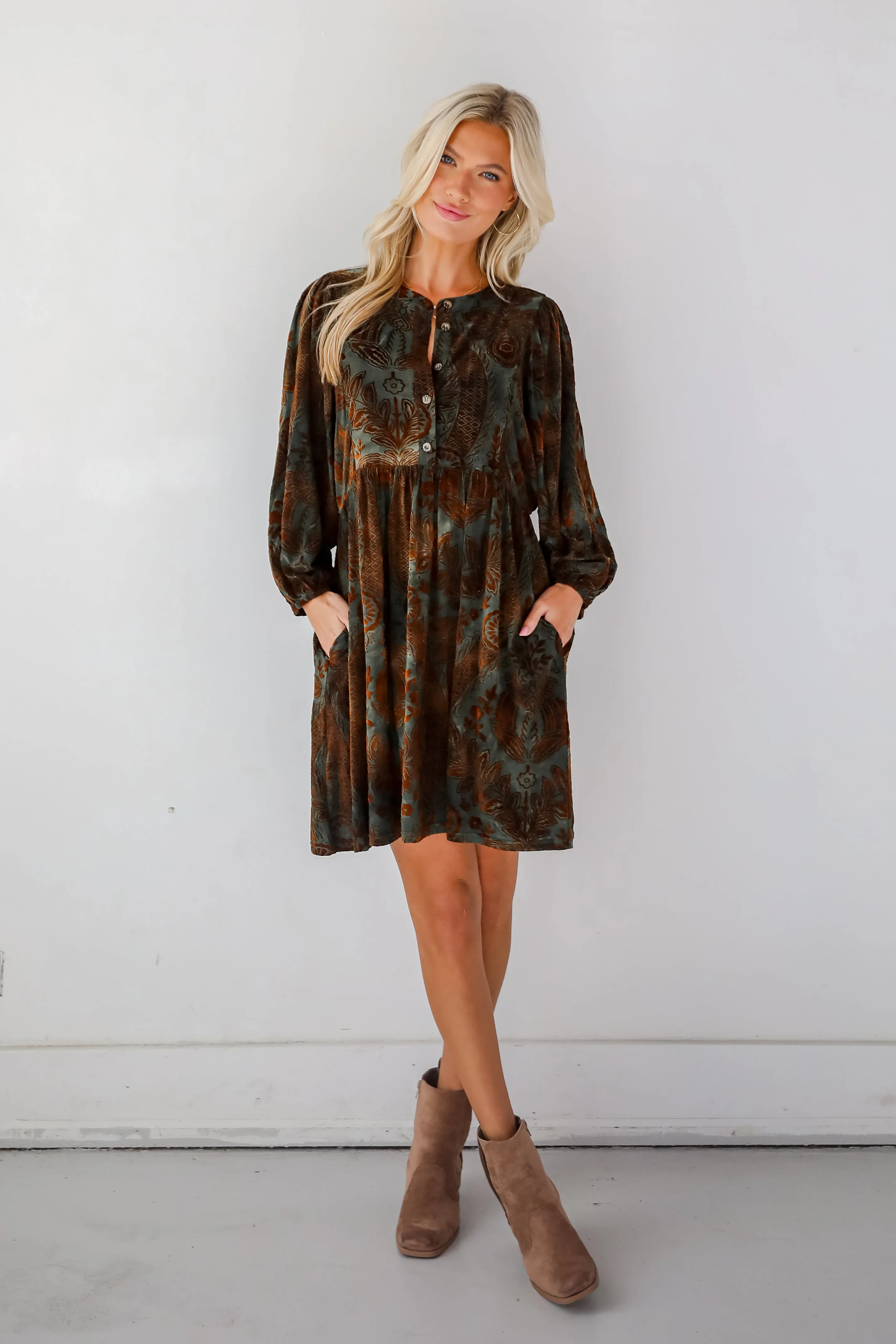 FINAL SALE - Gorgeous Whimsy Dark Green Velvet Floral Mini Dress