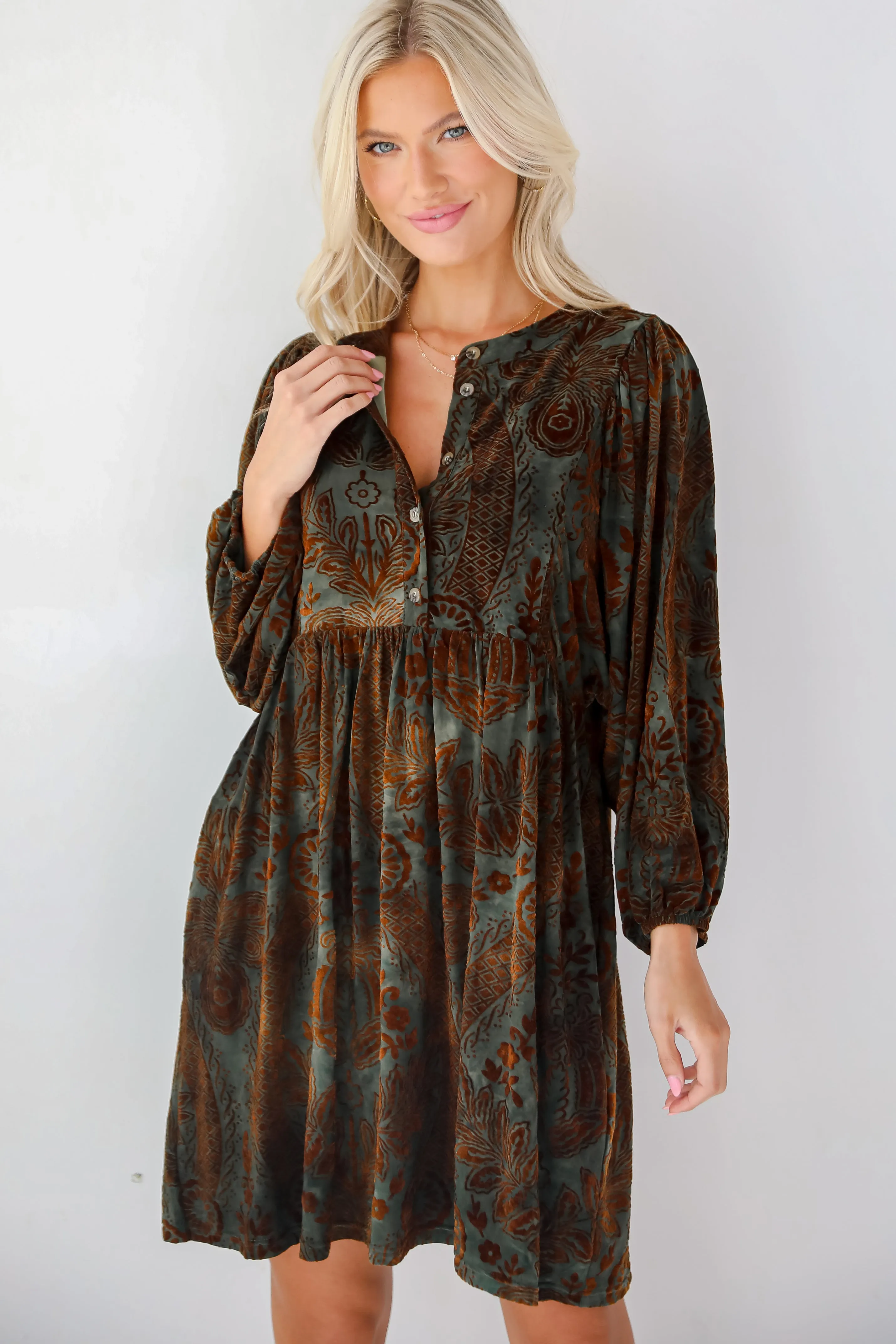 FINAL SALE - Gorgeous Whimsy Dark Green Velvet Floral Mini Dress