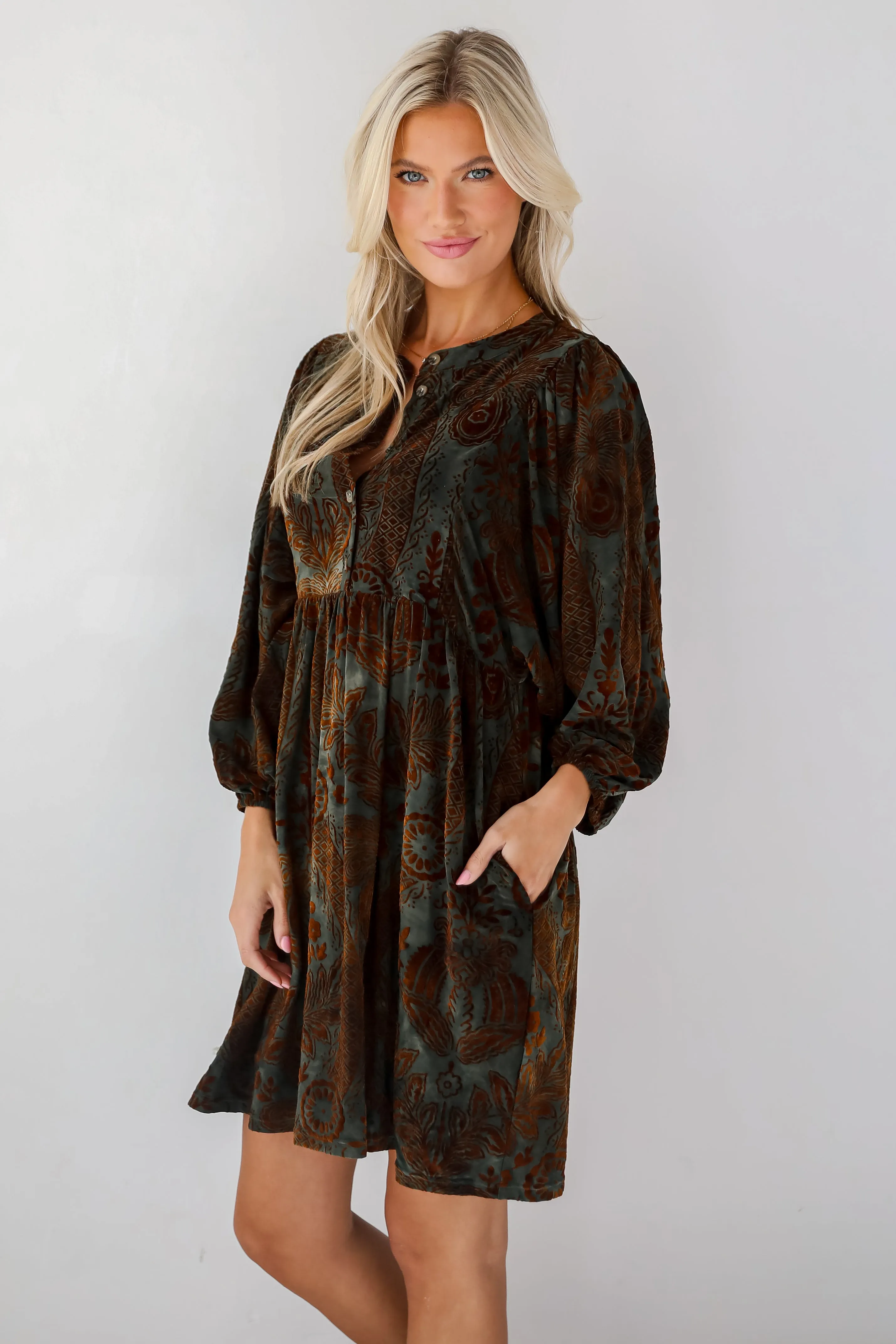 FINAL SALE - Gorgeous Whimsy Dark Green Velvet Floral Mini Dress