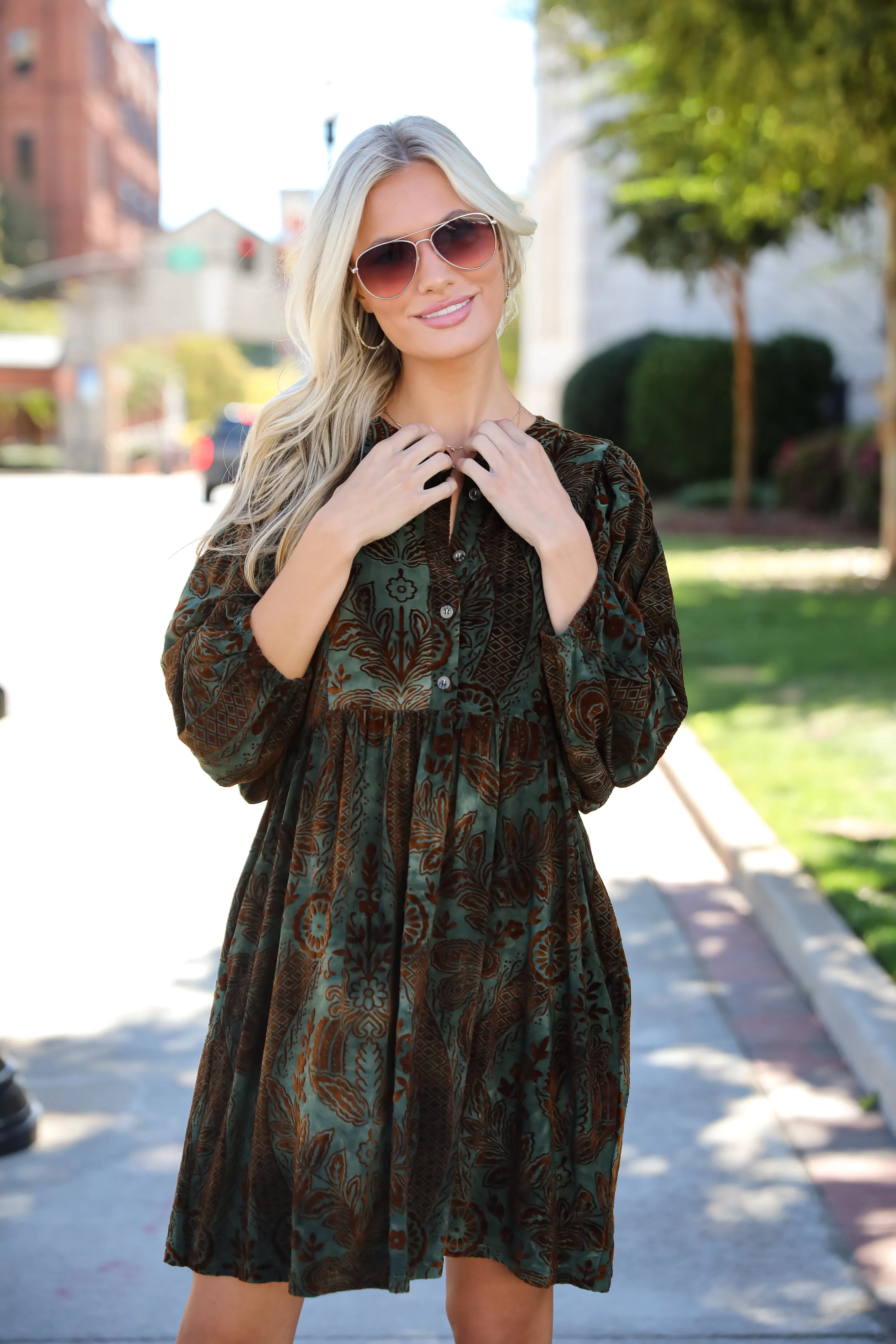 FINAL SALE - Gorgeous Whimsy Dark Green Velvet Floral Mini Dress