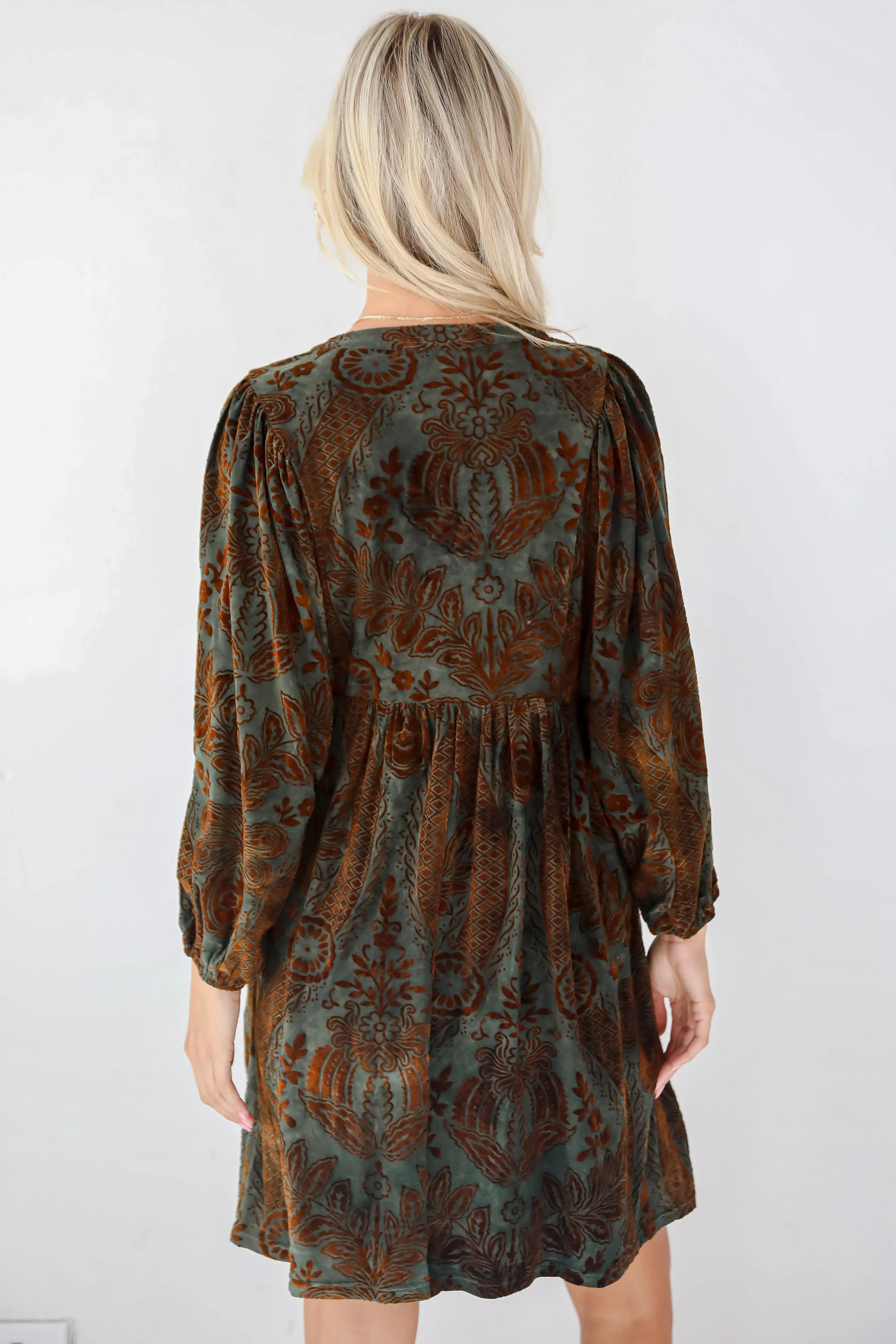 FINAL SALE - Gorgeous Whimsy Dark Green Velvet Floral Mini Dress