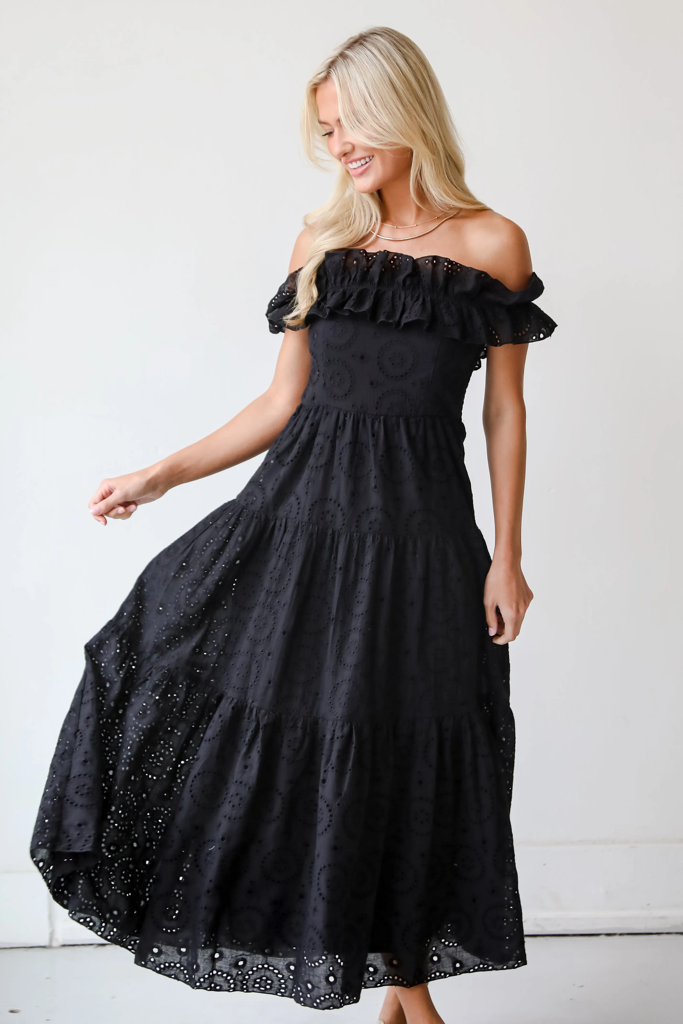 FINAL SALE - Lush Loveliness Black Eyelet Tiered Midi Dress