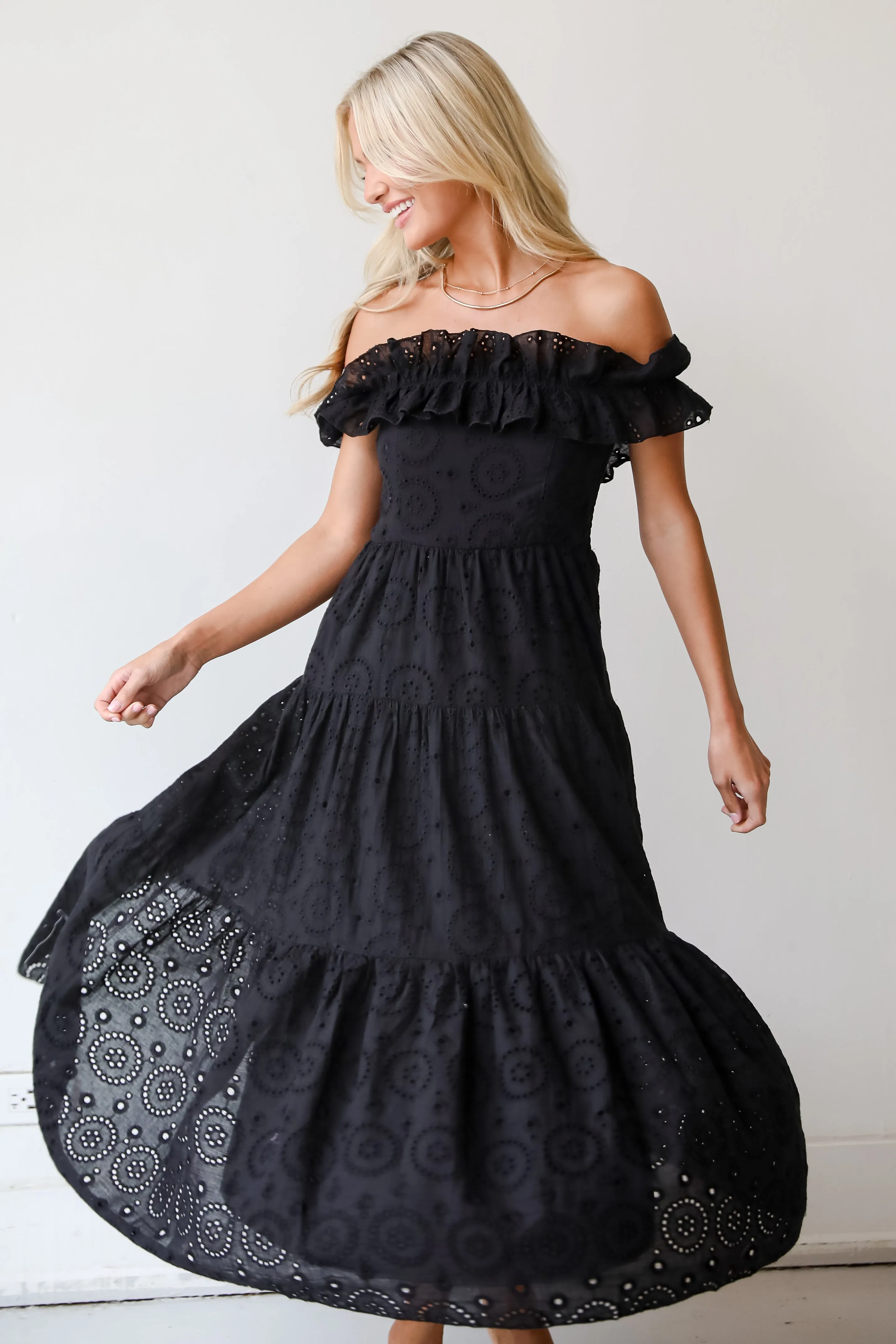 FINAL SALE - Lush Loveliness Black Eyelet Tiered Midi Dress