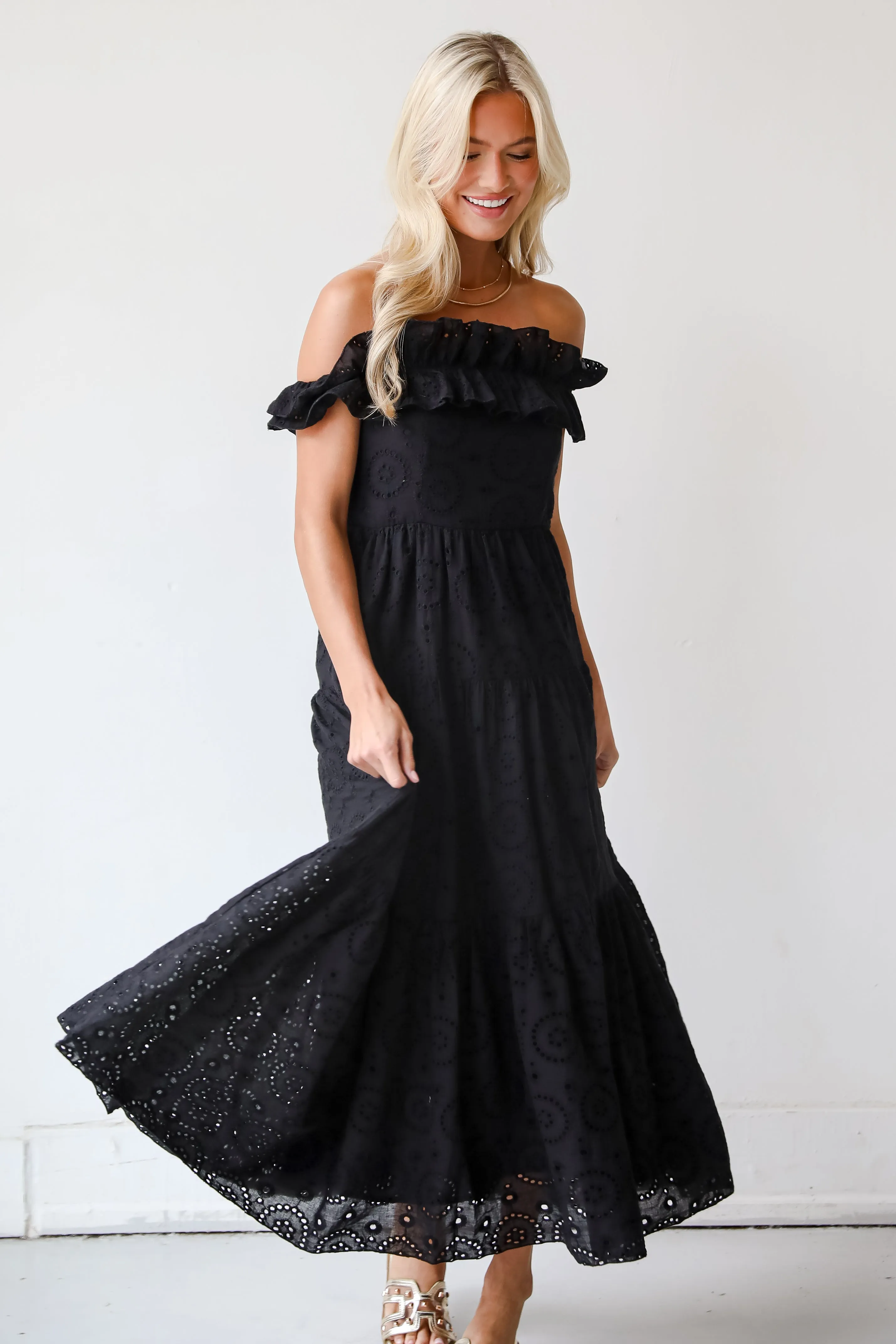 FINAL SALE - Lush Loveliness Black Eyelet Tiered Midi Dress