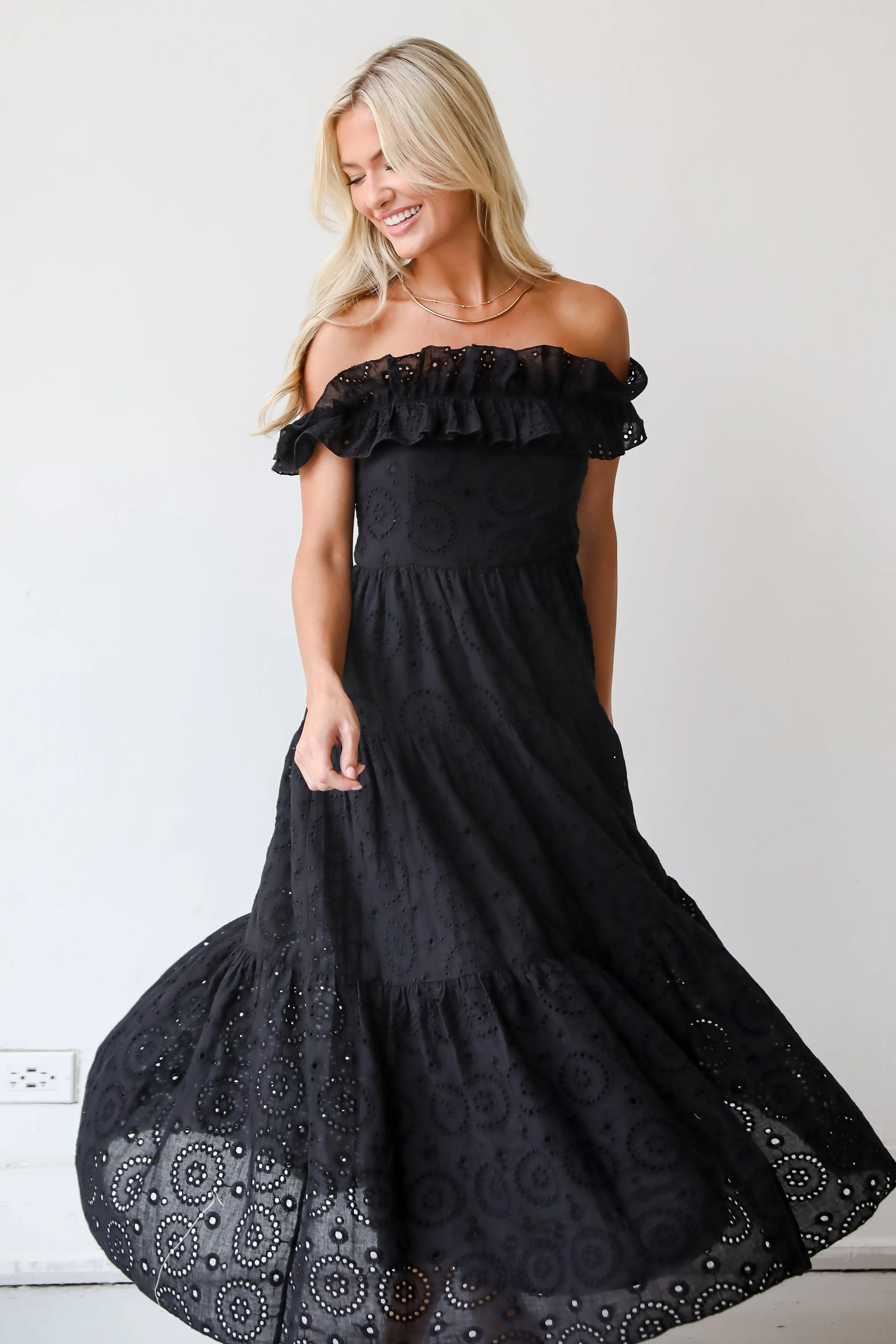 FINAL SALE - Lush Loveliness Black Eyelet Tiered Midi Dress