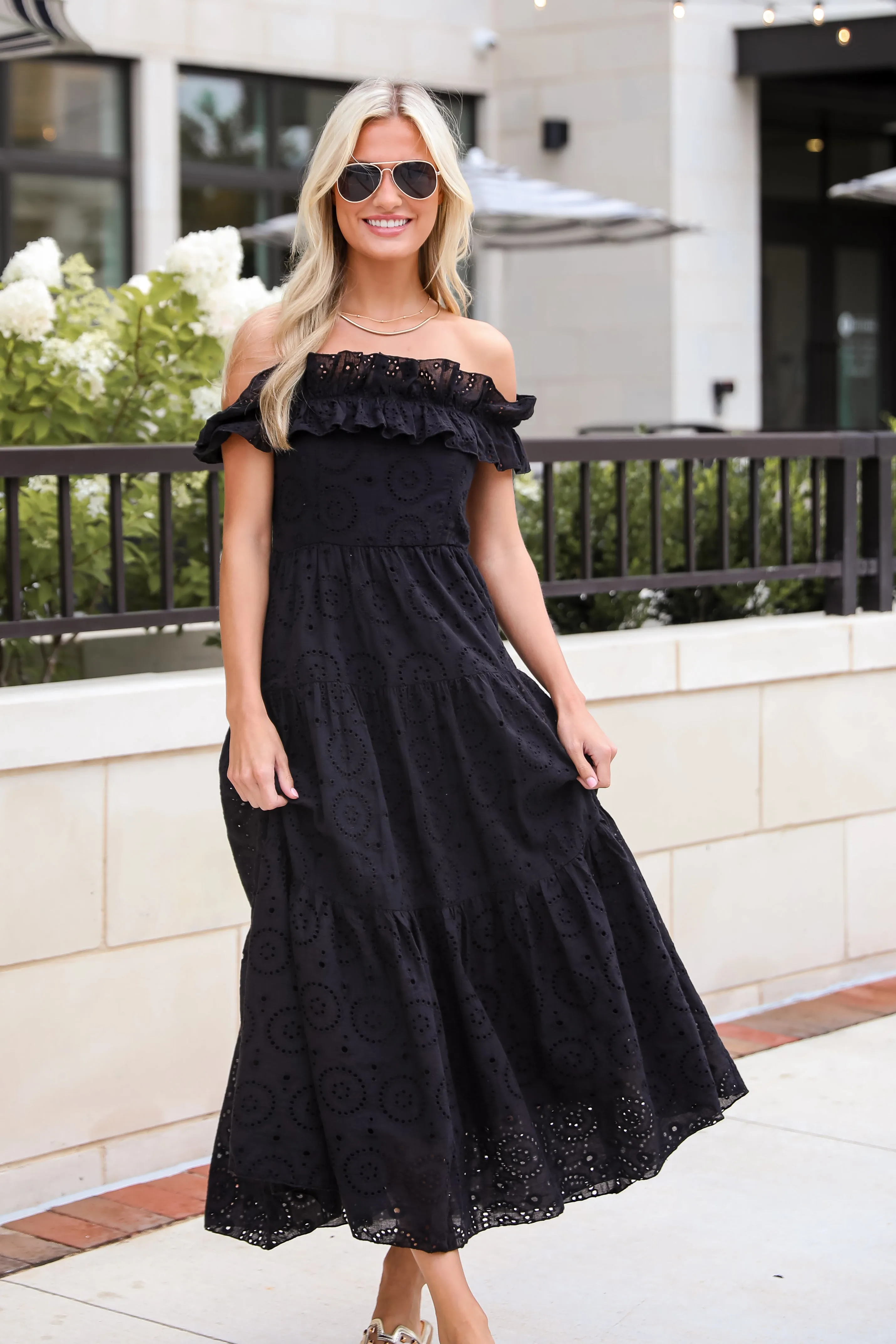 FINAL SALE - Lush Loveliness Black Eyelet Tiered Midi Dress