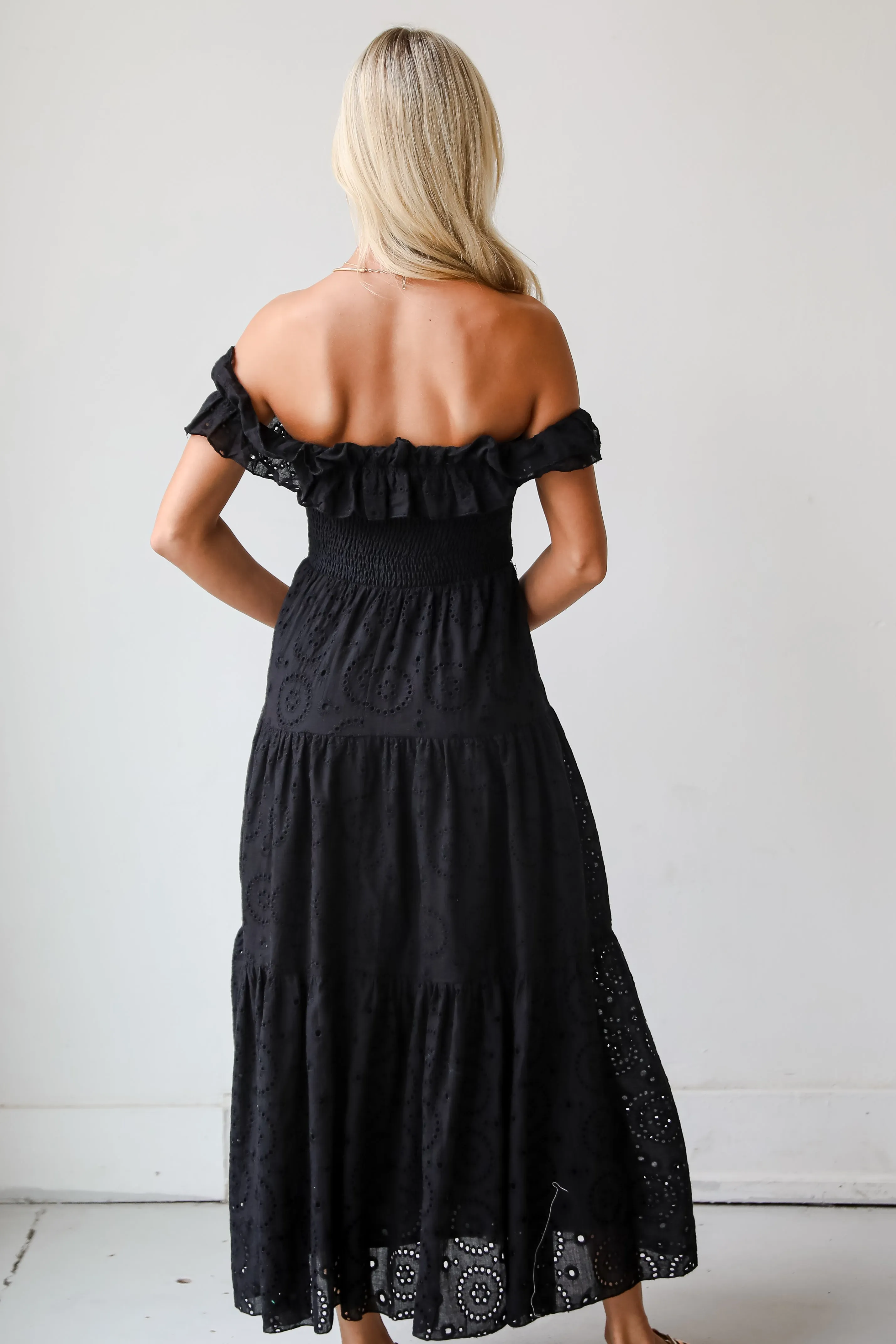 FINAL SALE - Lush Loveliness Black Eyelet Tiered Midi Dress