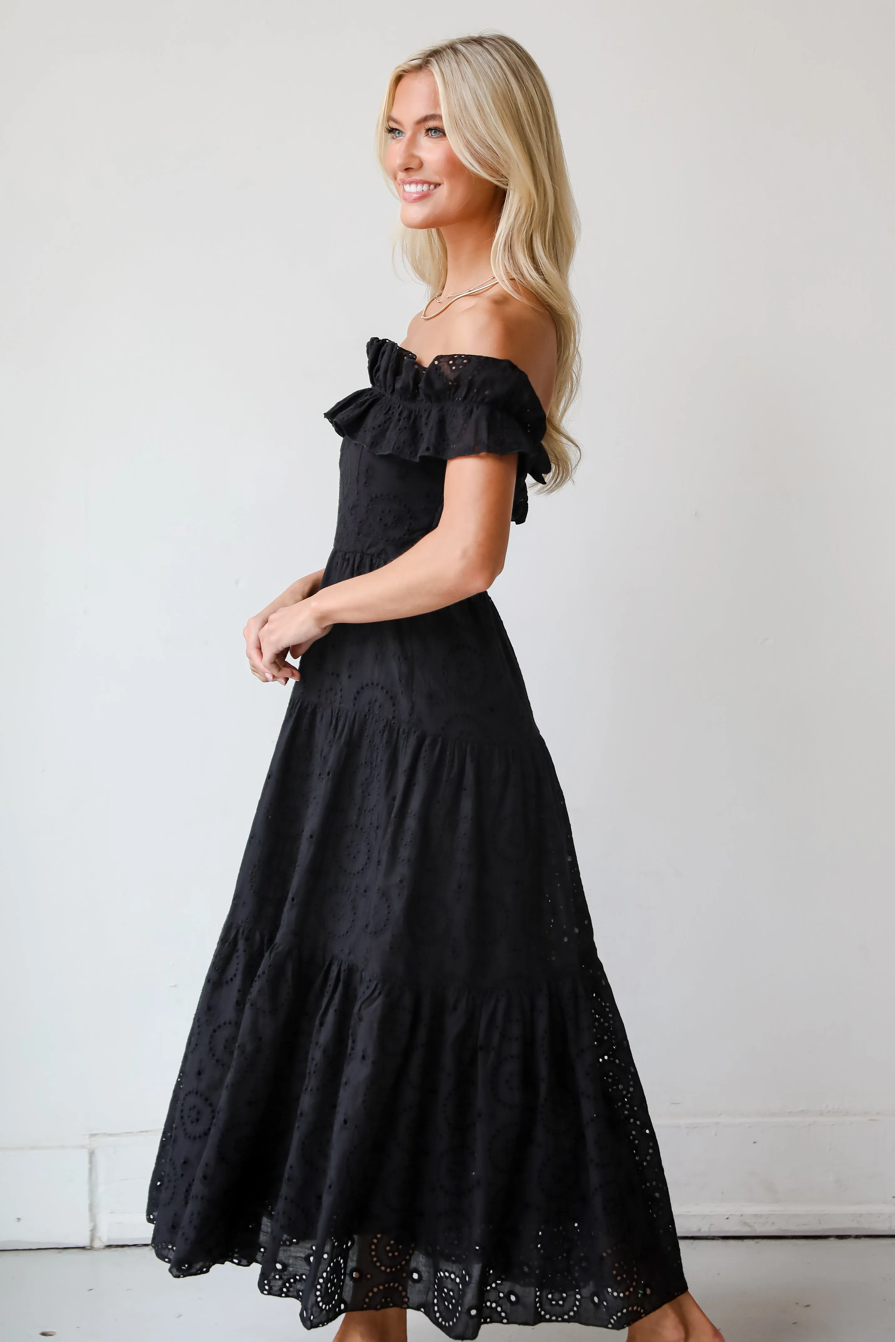 FINAL SALE - Lush Loveliness Black Eyelet Tiered Midi Dress