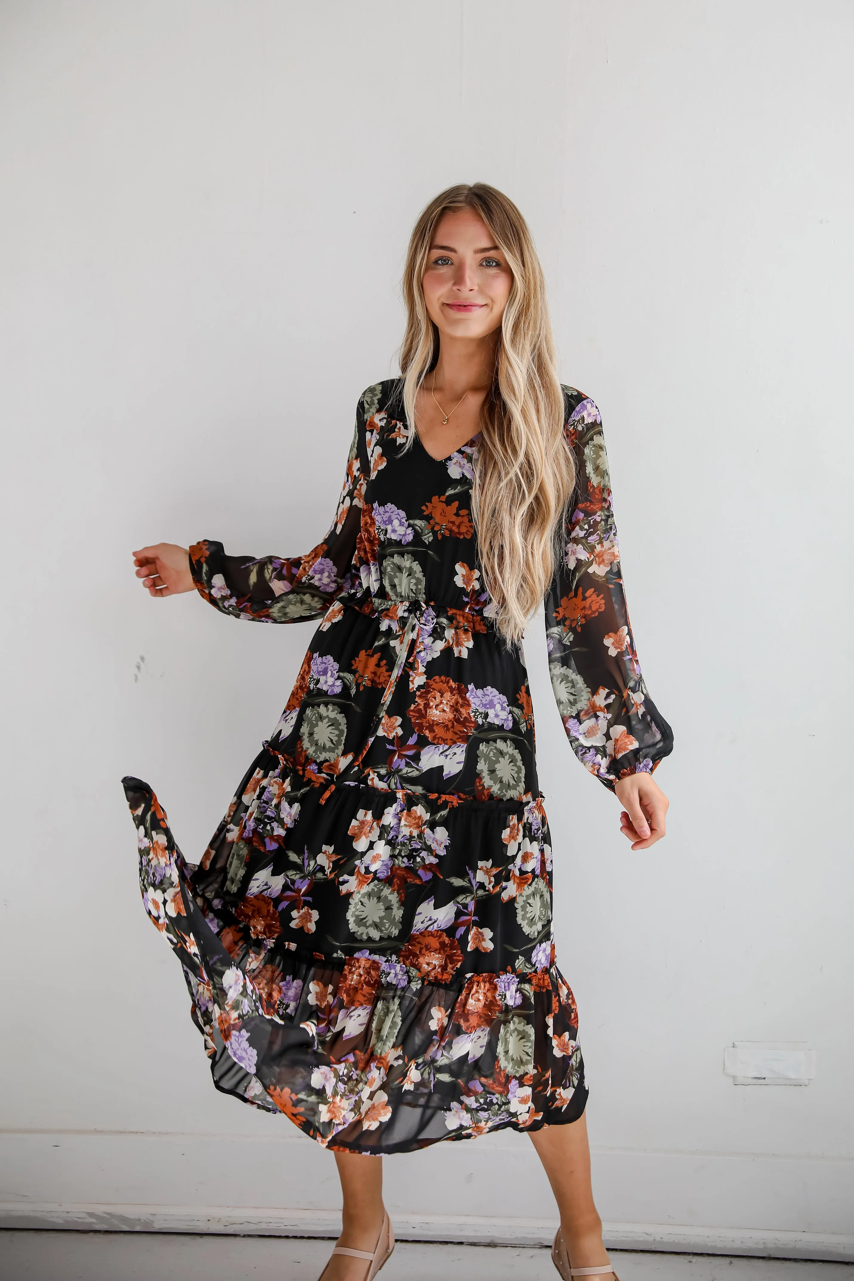 FINAL SALE - Prepared To Impress Black Floral Midi Dress