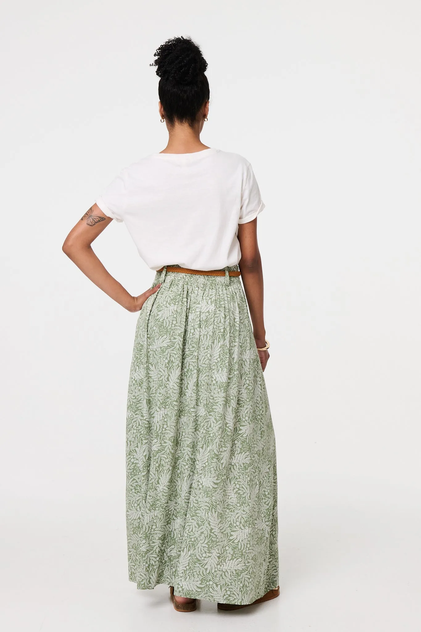 Leaf Print Belt Detail Maxi Skirt