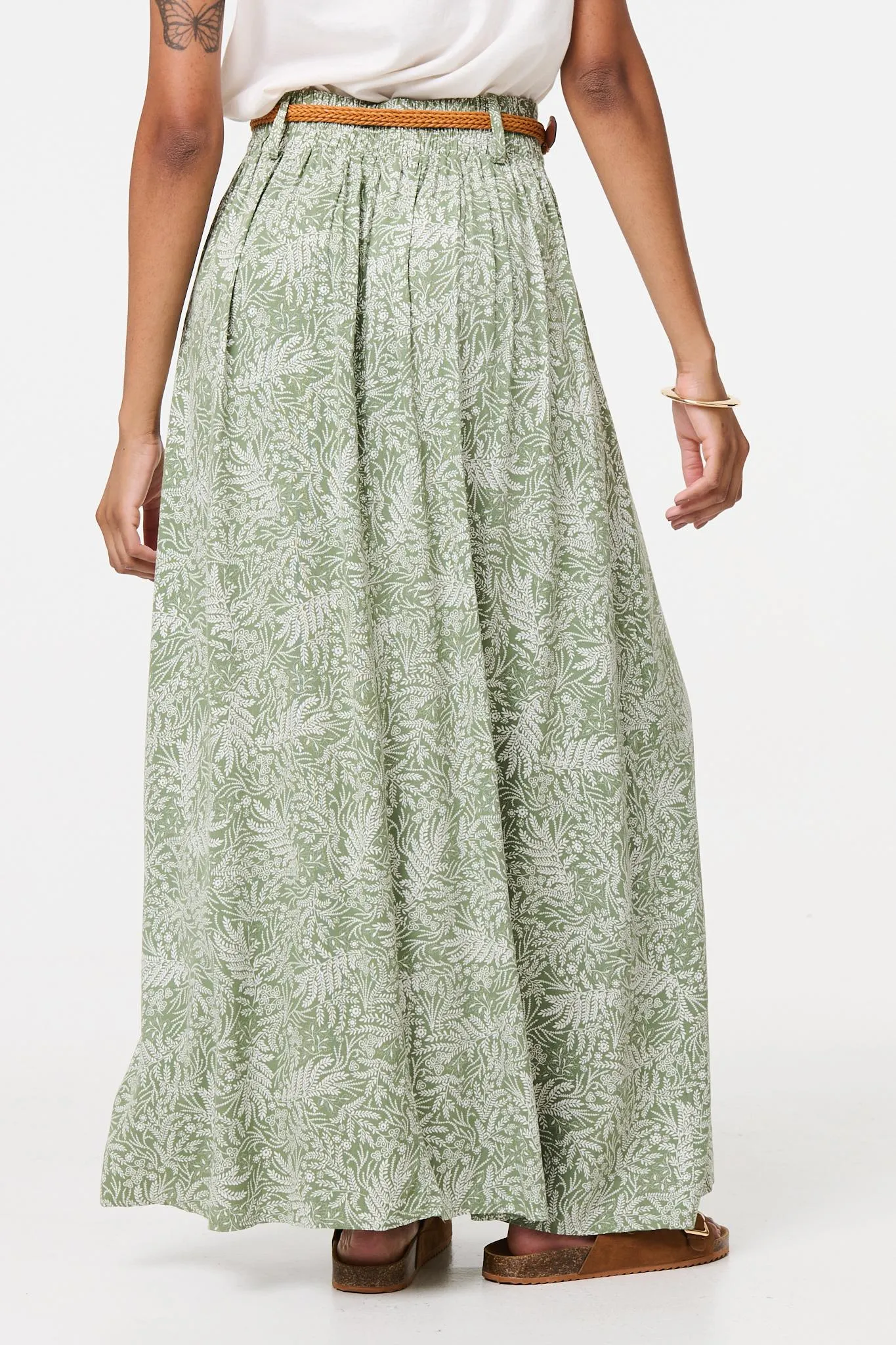 Leaf Print Belt Detail Maxi Skirt