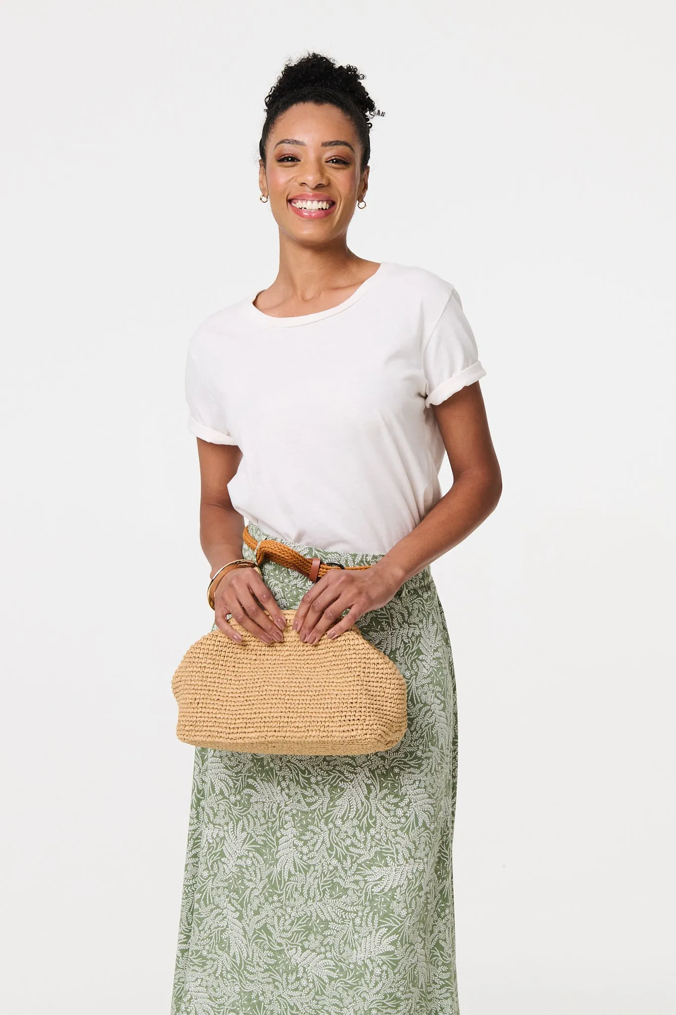 Leaf Print Belt Detail Maxi Skirt