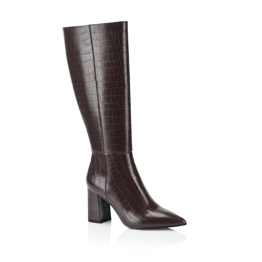 Magda Tall Boots - Chocolate Brown Croc