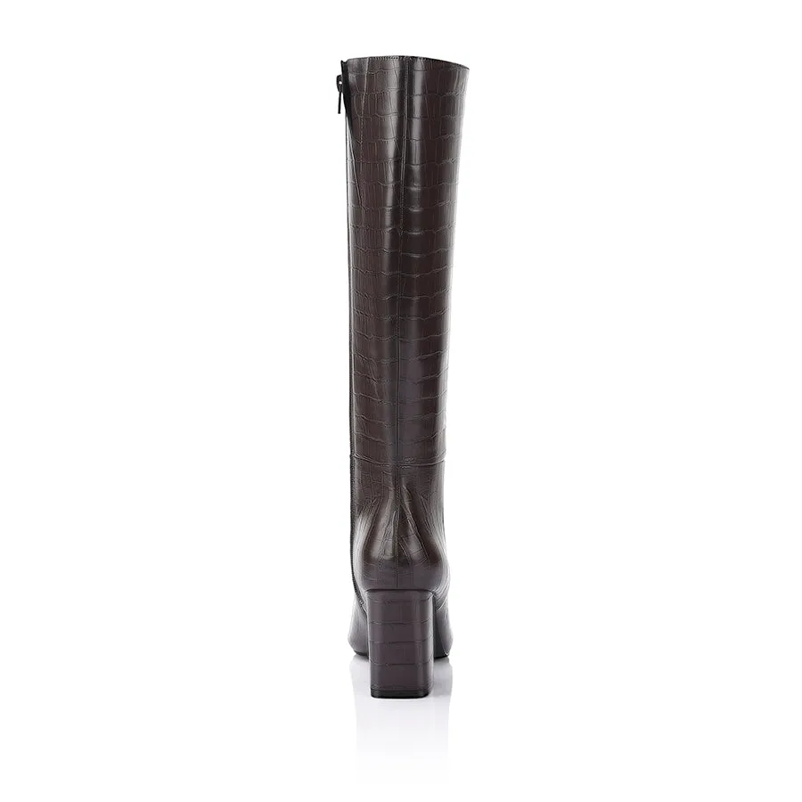 Magda Tall Boots - Chocolate Brown Croc