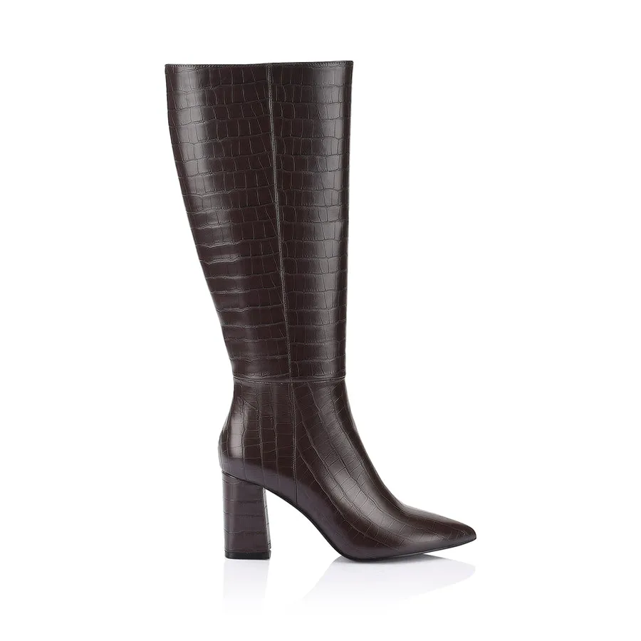 Magda Tall Boots - Chocolate Brown Croc