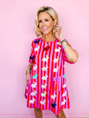 SCATTERED BUNNY STRIPE DRESS - HOT PINK