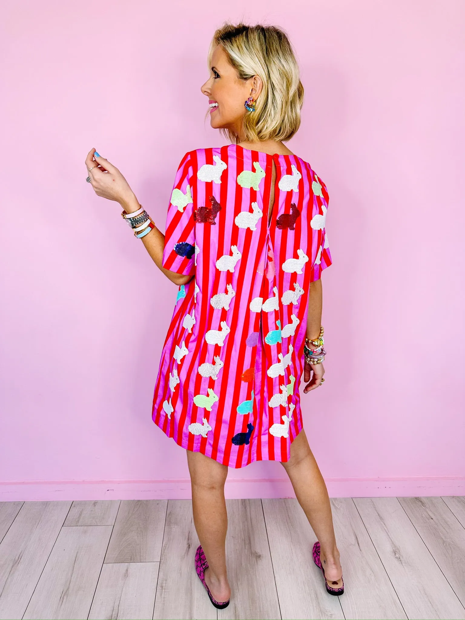 SCATTERED BUNNY STRIPE DRESS - HOT PINK