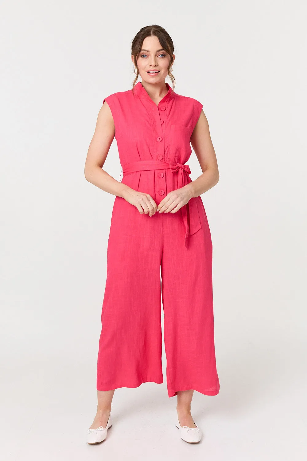 Sleeveless Tie Waist Button-Up Jumpsuit