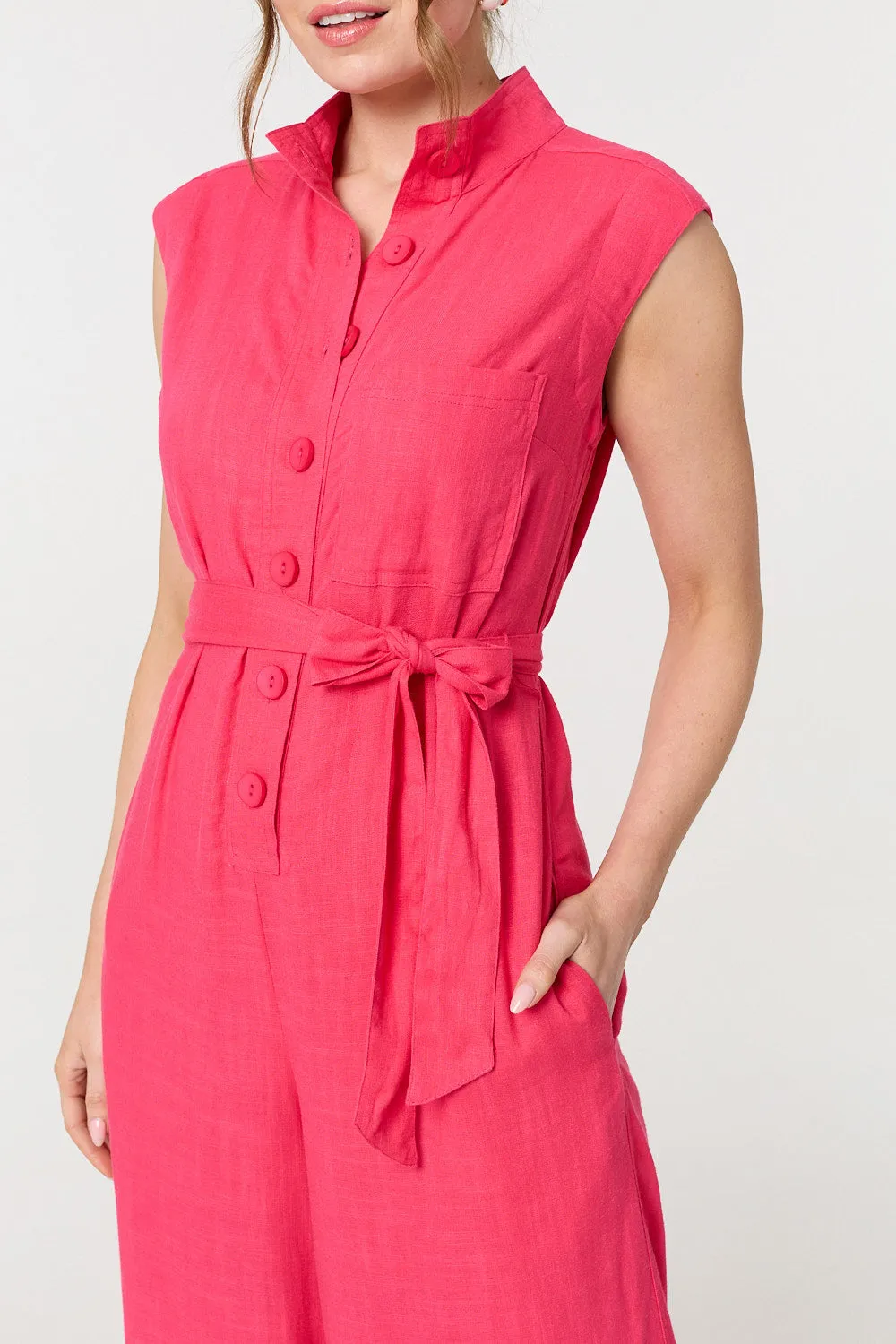 Sleeveless Tie Waist Button-Up Jumpsuit