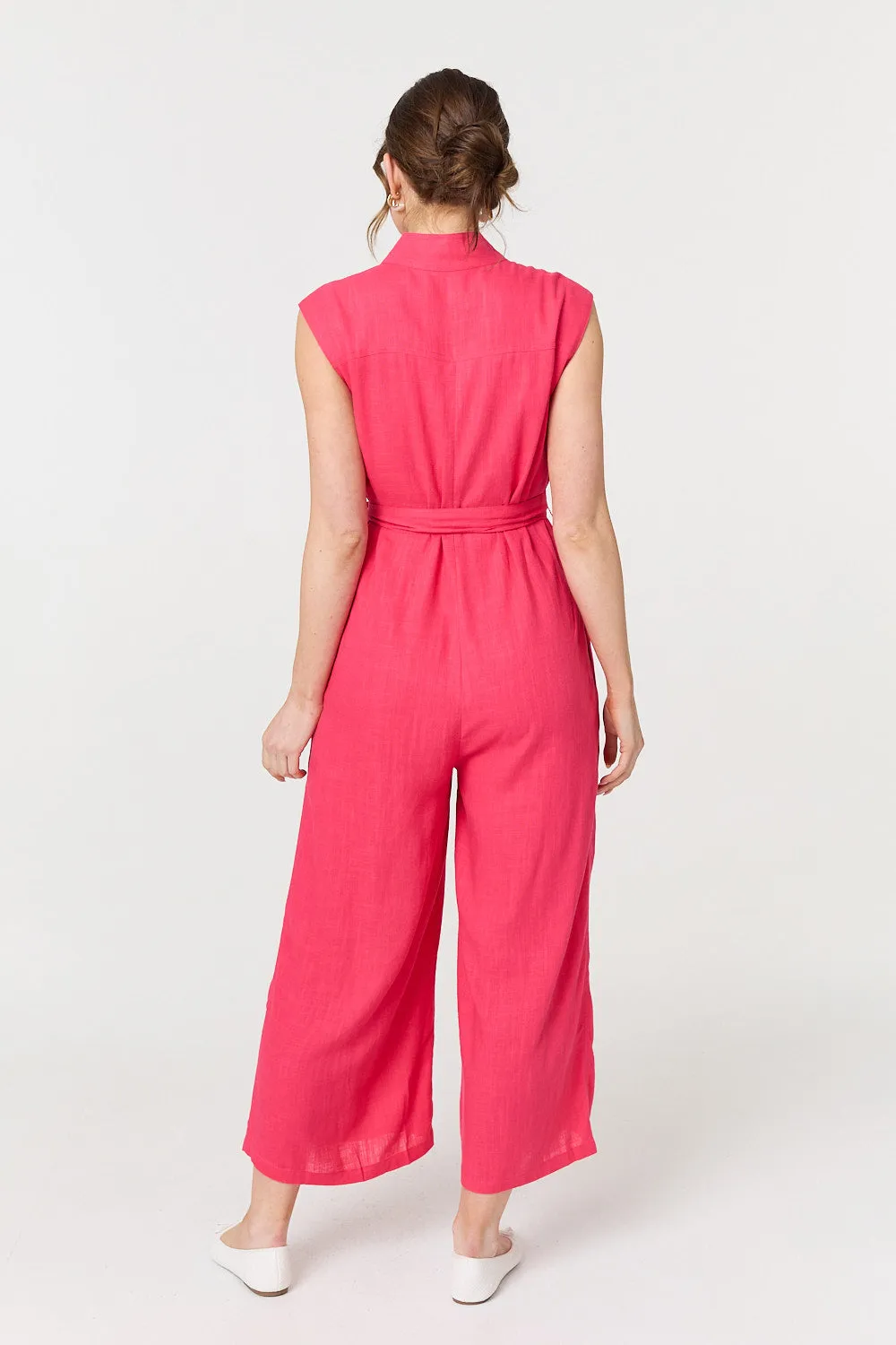 Sleeveless Tie Waist Button-Up Jumpsuit