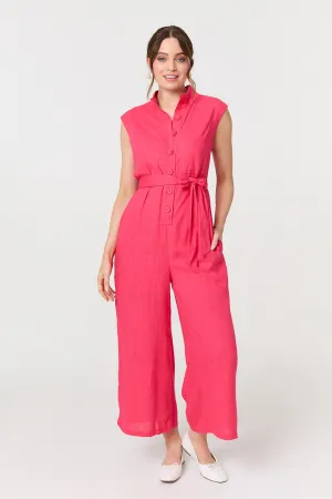 Sleeveless Tie Waist Button-Up Jumpsuit