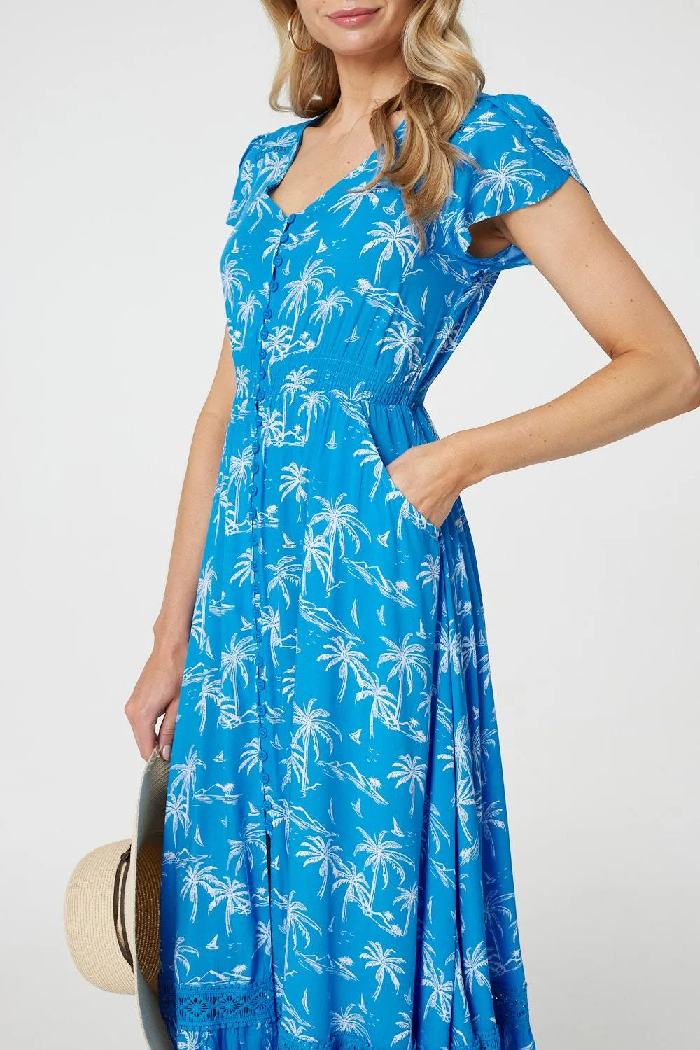 Tropical Print Angel Sleeve Maxi Dress