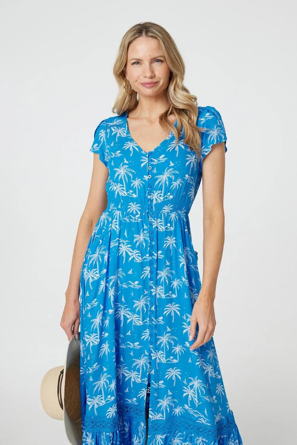 Tropical Print Angel Sleeve Maxi Dress