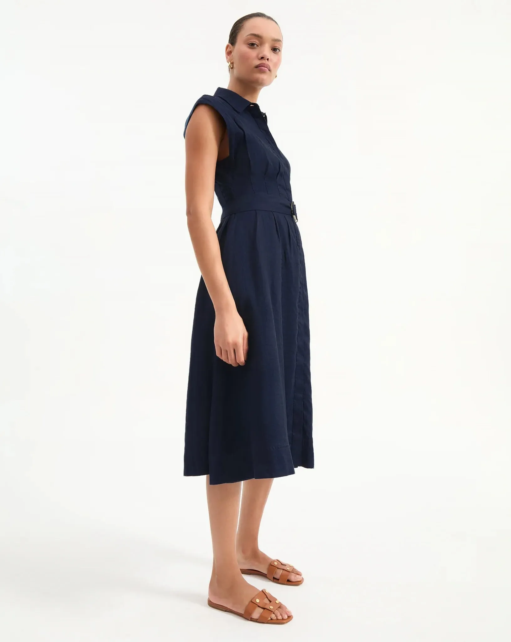 Veronica Beard - Loreta Belted Linen Dress in Navy