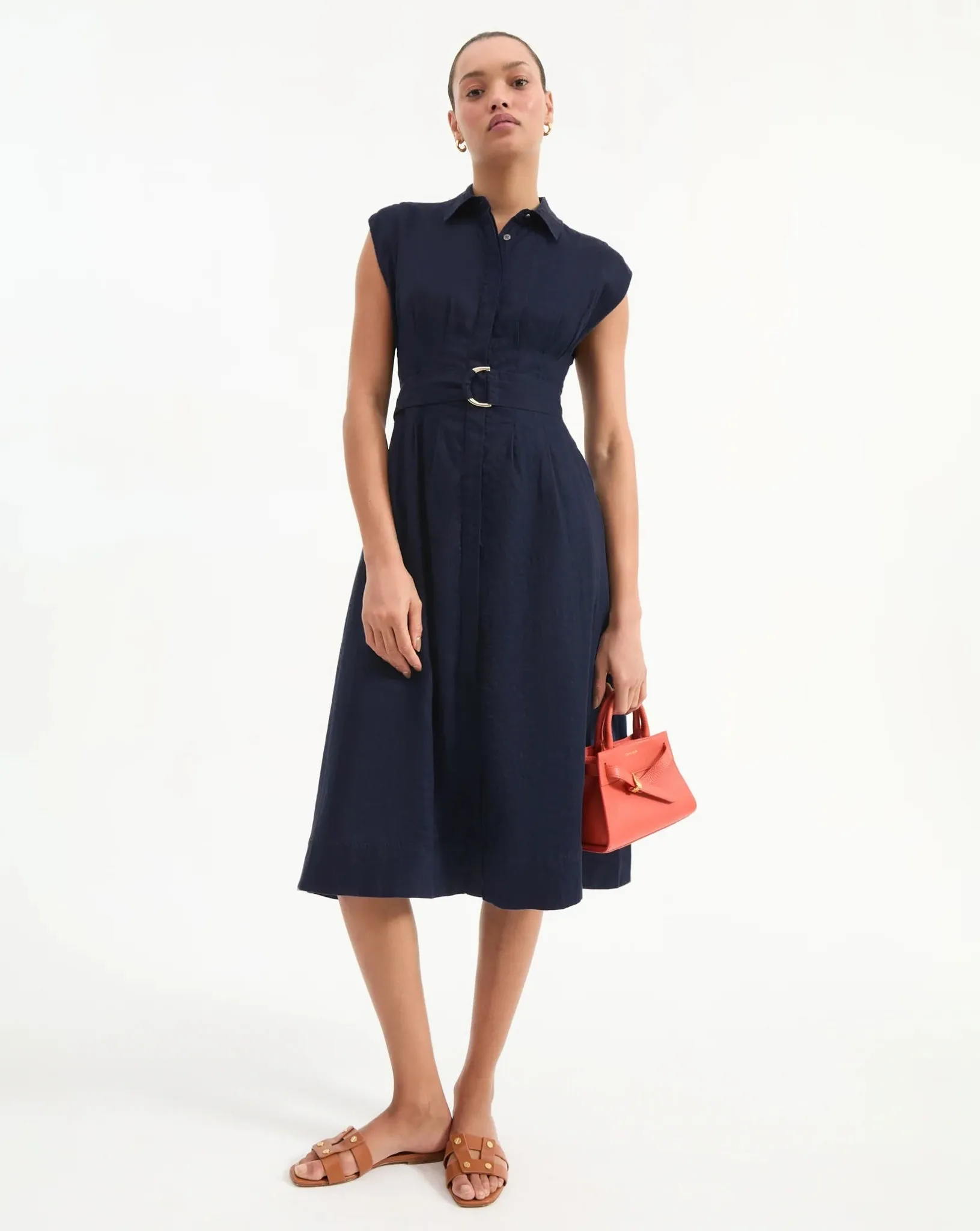 Veronica Beard - Loreta Belted Linen Dress in Navy